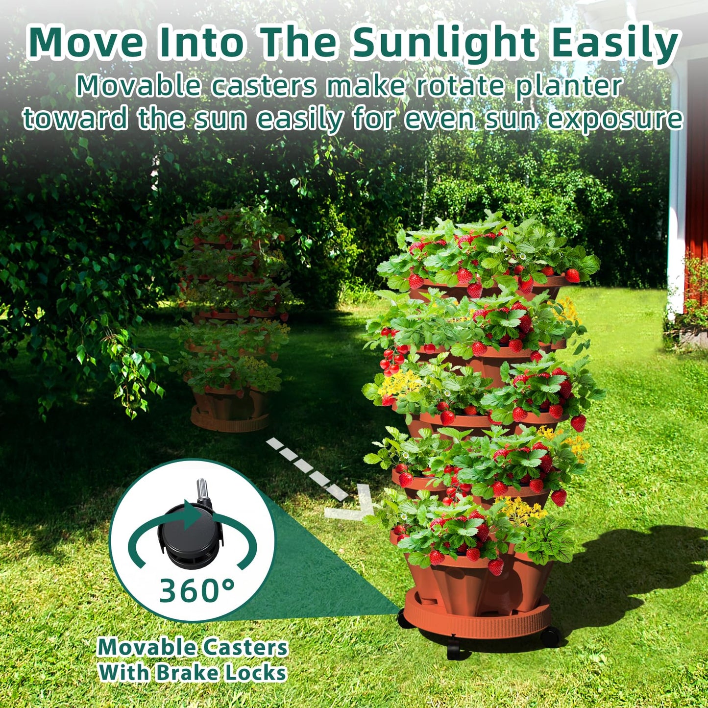 Tectsia Strawberry Vertical Planters 2 Pack, 5 Tiered Stacking Tower Garden with Support Pole, Stackable Herb Vegetable Planters Indoor Outdoor Terra Cotta