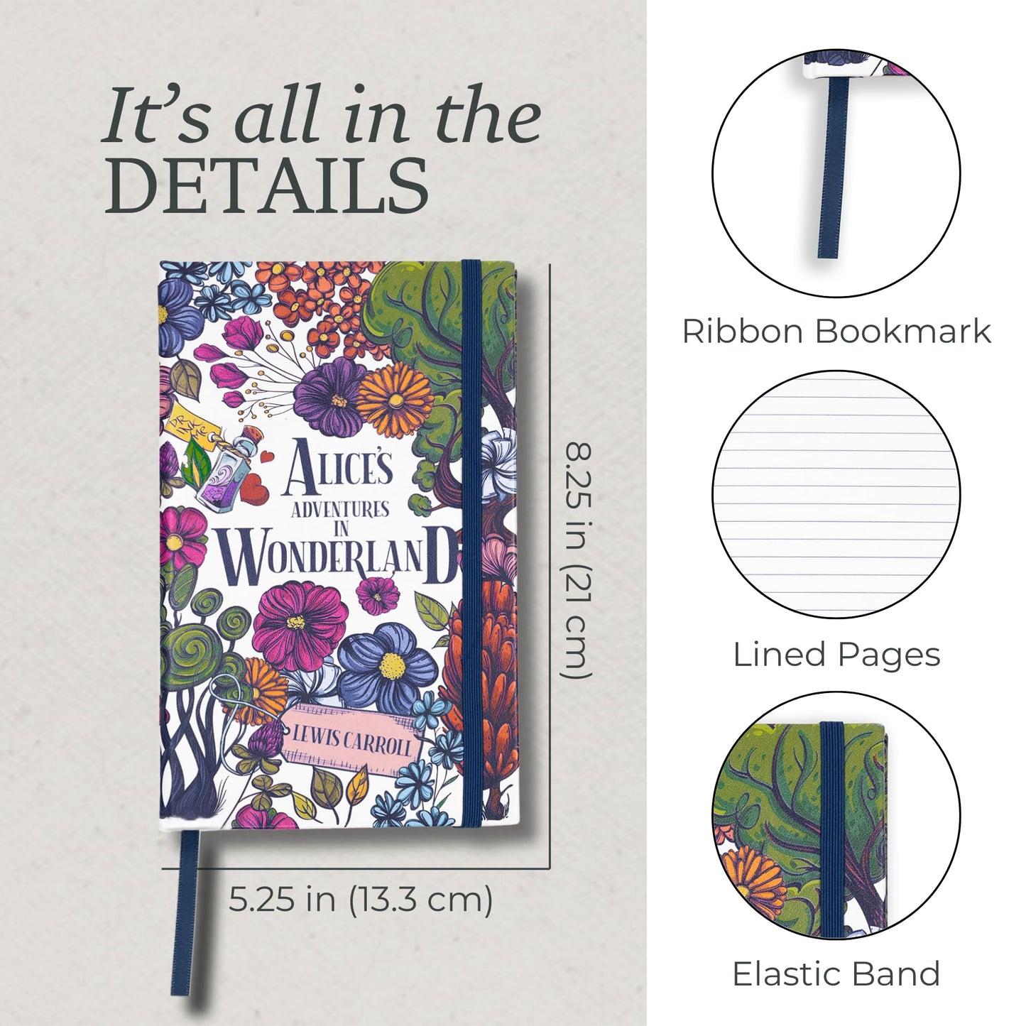 Steel Mill & Co Classic Literature Journal, 8.25" x 5.25", Vegan Leather Notebook with Lined Pages and Elastic Band (Alice's Adventures in Wonderland)