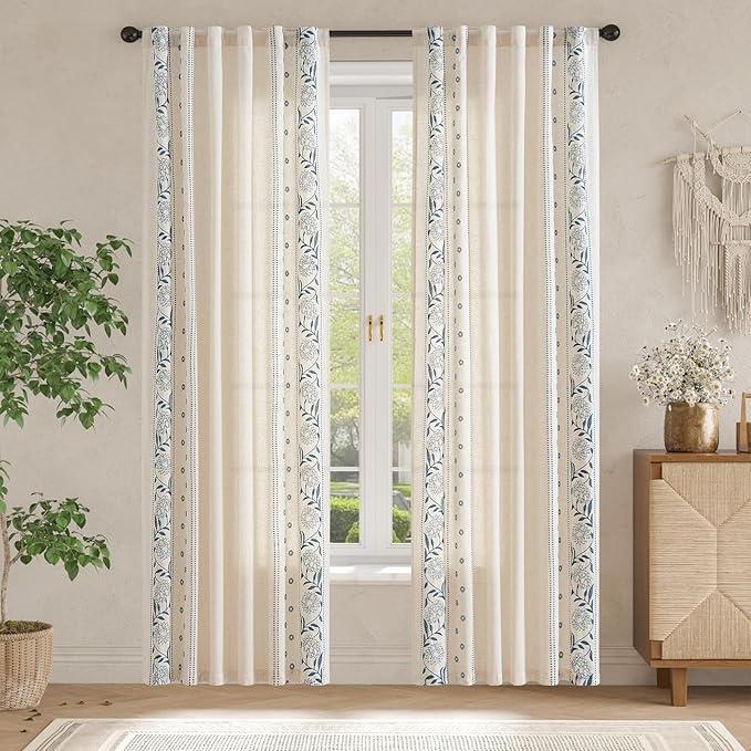 jinchan Winslow 4 Panel Curtains Set 84 Inch Length Embroidered Bordered Floral Curtains for Living Room Farmhouse Decor Light Filtering Window Treatments Blue on Beige Drapes 4 Panels