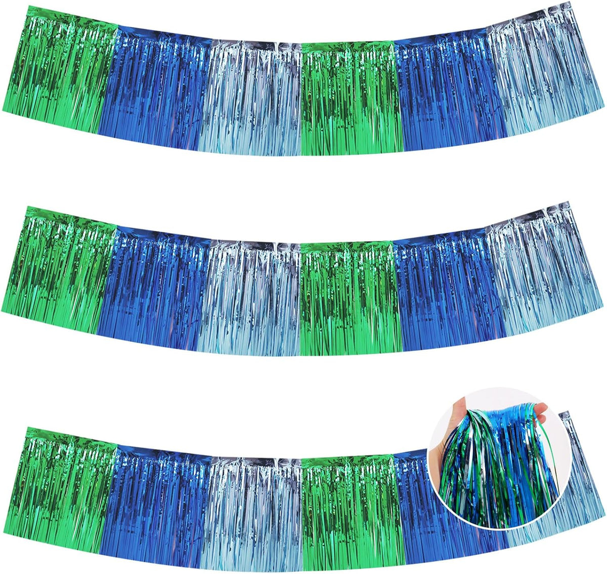 BEISHIDA 3 Packs Metallic Foil Fringe Garland Blue Green Wall Hanging Tinsel Fringe Banners for Car Floats Bridal Shower Wedding Birthday Easter Graduation Holiday Party Decoration(30 Feet)