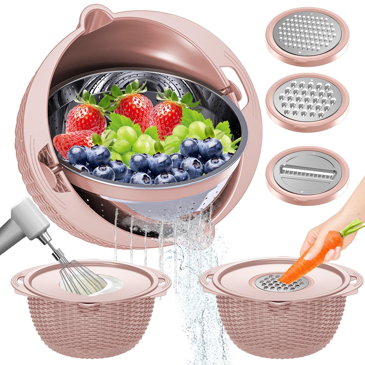 4-1 Strainer Bowl with Lid Set - Strainers and Colanders, Colander for Kitchen, Pasta Strainer, Fruit Cleaner, Veggie Wash, Funny Kitchen Present, Fruit Washing Bowl, Cooking Present for Women - Pink