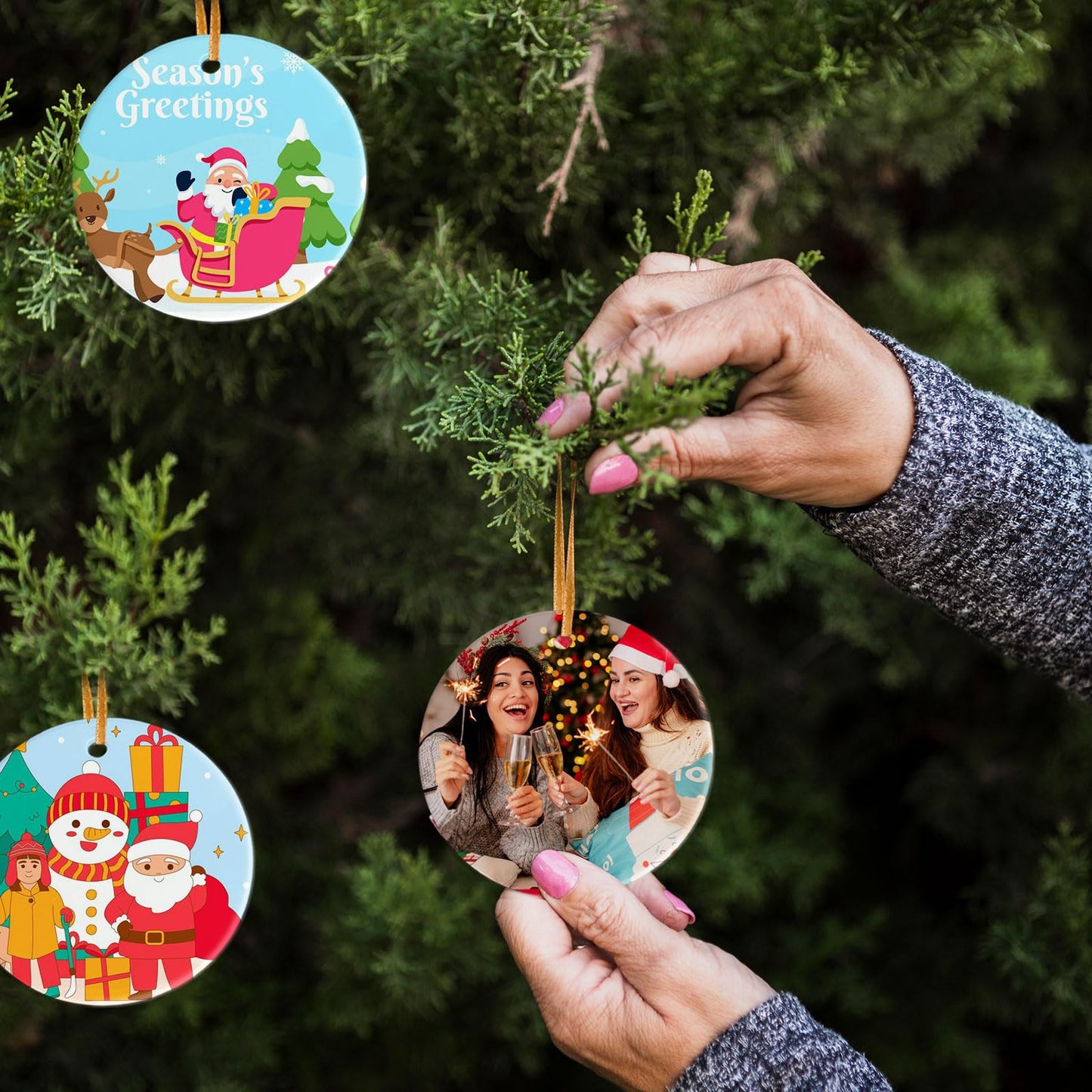 Sublimation Ceramic Ornaments Blanks with Gold String White Round Ornament Decorations Xmas Tree Gift for Heat Press Printing Crafts 12Pcs