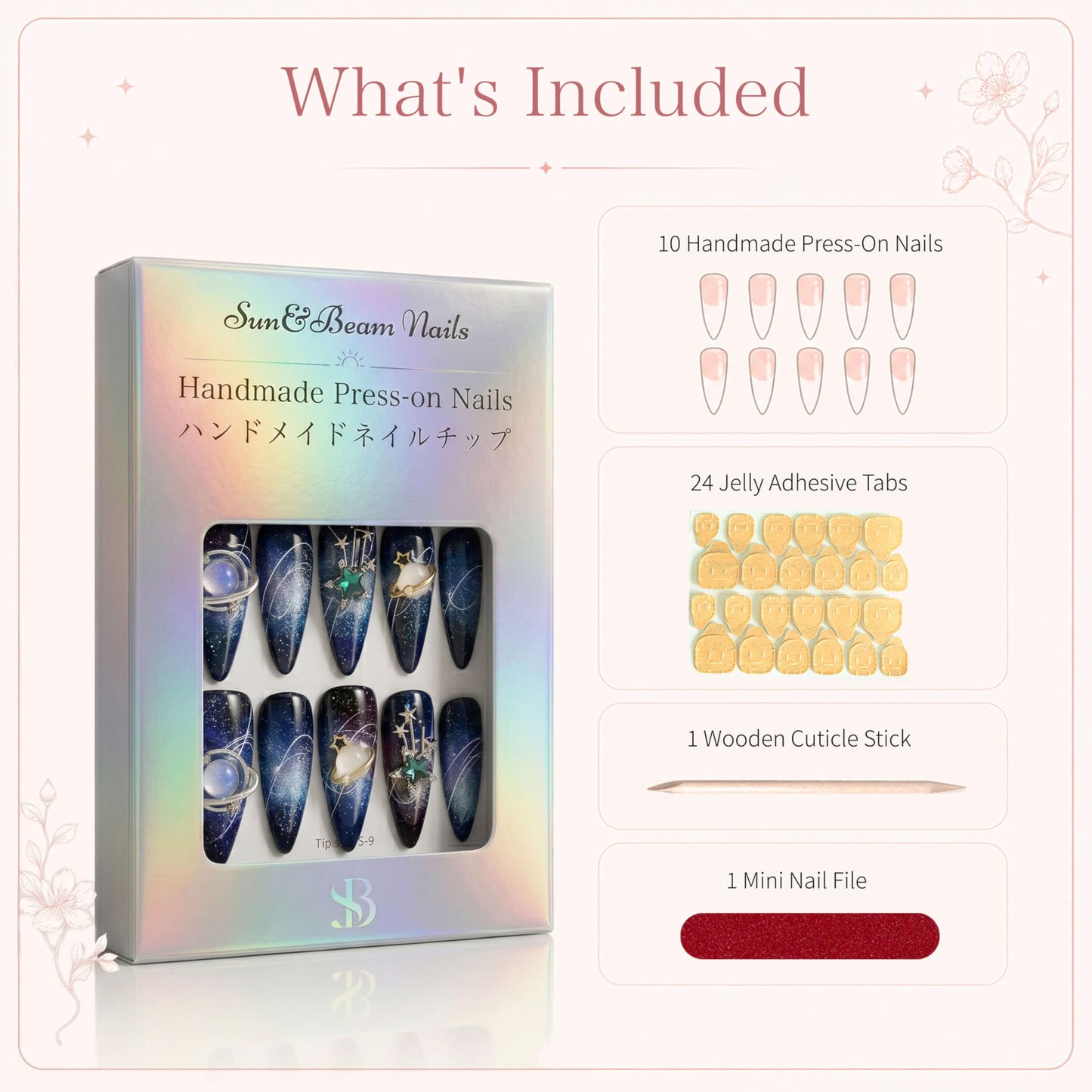 Sun&Beam Nails Handmade Press On Nail Coffin Ballerina 3D Accessories Blue Acrylic Fake Tip Design Art Charms Cute with Storage Box 10 Pcs (#008 L)