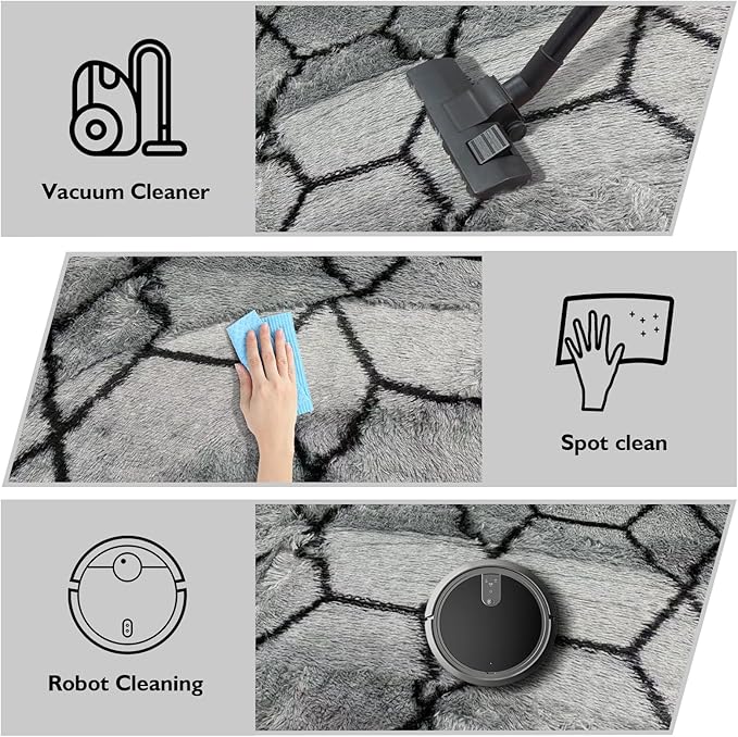 Shag Area Rug for Bedroom 4x6,Fluffy Area Rugs for Living Room,Geometric Soft Fuzzy Rug Non-Shedding Indoor Plush Carpet for Kids Bedroom Nursery Dorm Home,Grey and Black
