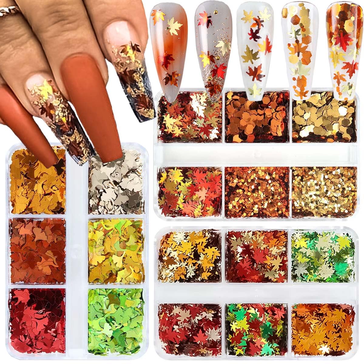 3Boxes Fall Nail Glitter Sequins 3D Maple Leaf Holographic Nail Art Flakes Mixed Shiny Fallen Leaf Nail Flakes Thanksgiving Autumn Ginkgo Nail Decoration for Women DIY Manicure Supplies Accessories