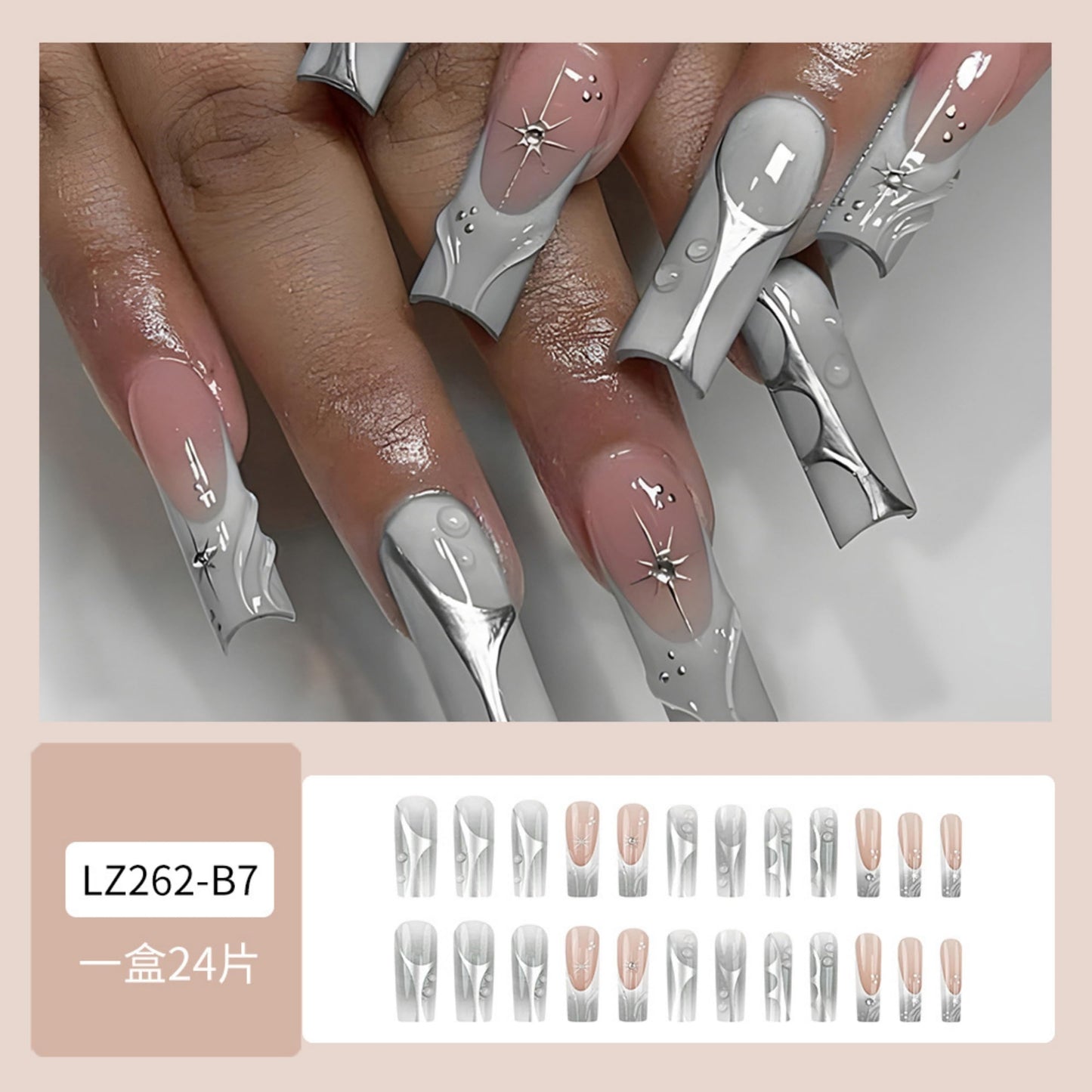 Long Press on Nails Square Fake Nails Silver Acrylic Nail Press ons Seeneey Rhinestones Sparkly Stick on Nail for Women 24pcs