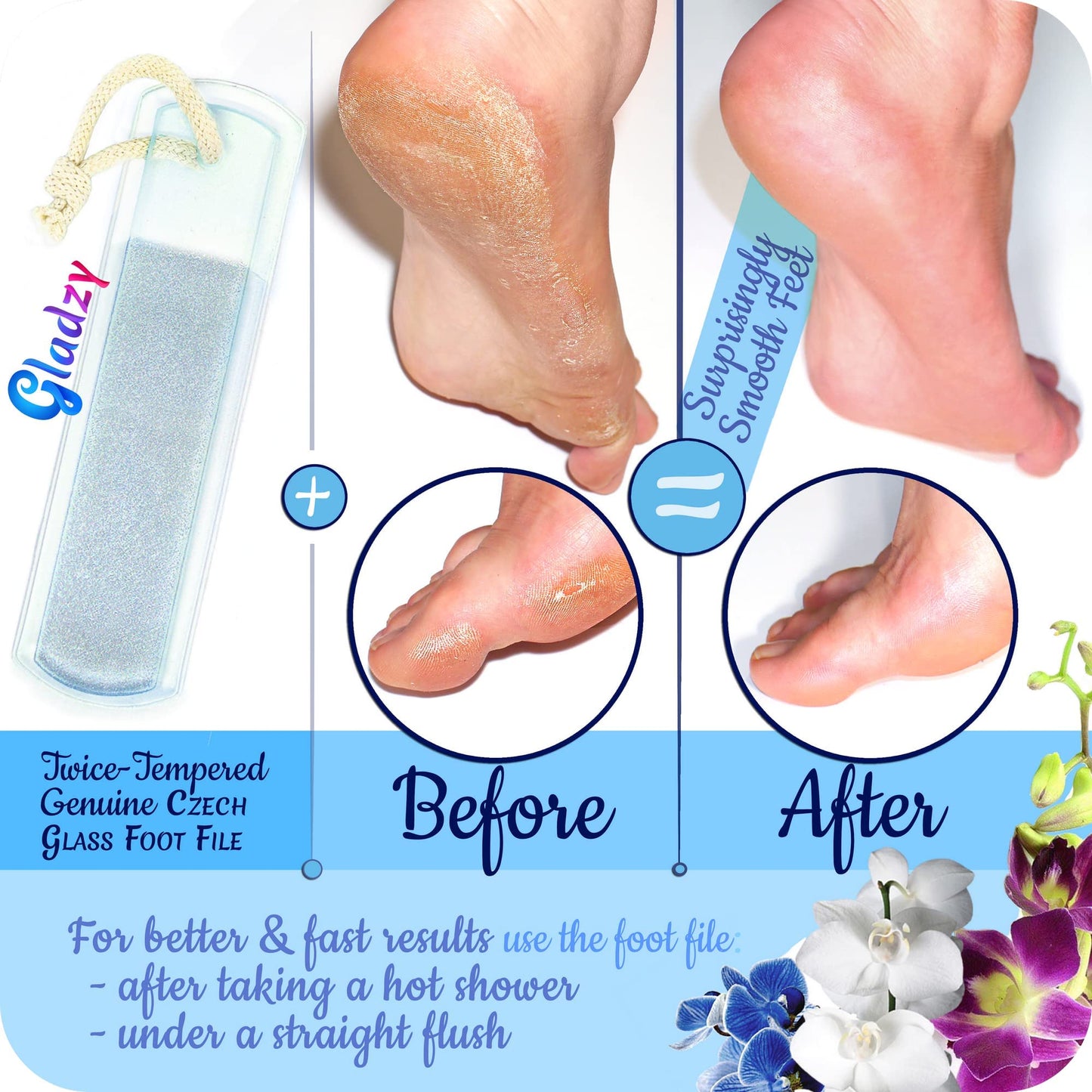 GLADZY Genuine Czech Glass Nail File Set - Callus Remover Foot Rasp, Cuticle Pusher Manicure Stick, Double Sided Etched Different Grit Surface, Professional Nail Care Tool, Made in EU