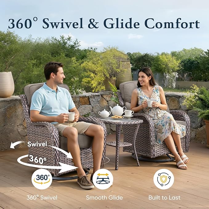 Belord Luxury 6" Thick Cushioned Outdoor Swivel Rocker Patio Chairs of 2, High Back Wicker Patio Furniture Set with Ergonomic Zone Back, Conversation Glider Set for Deck Porch - Brown+Grey