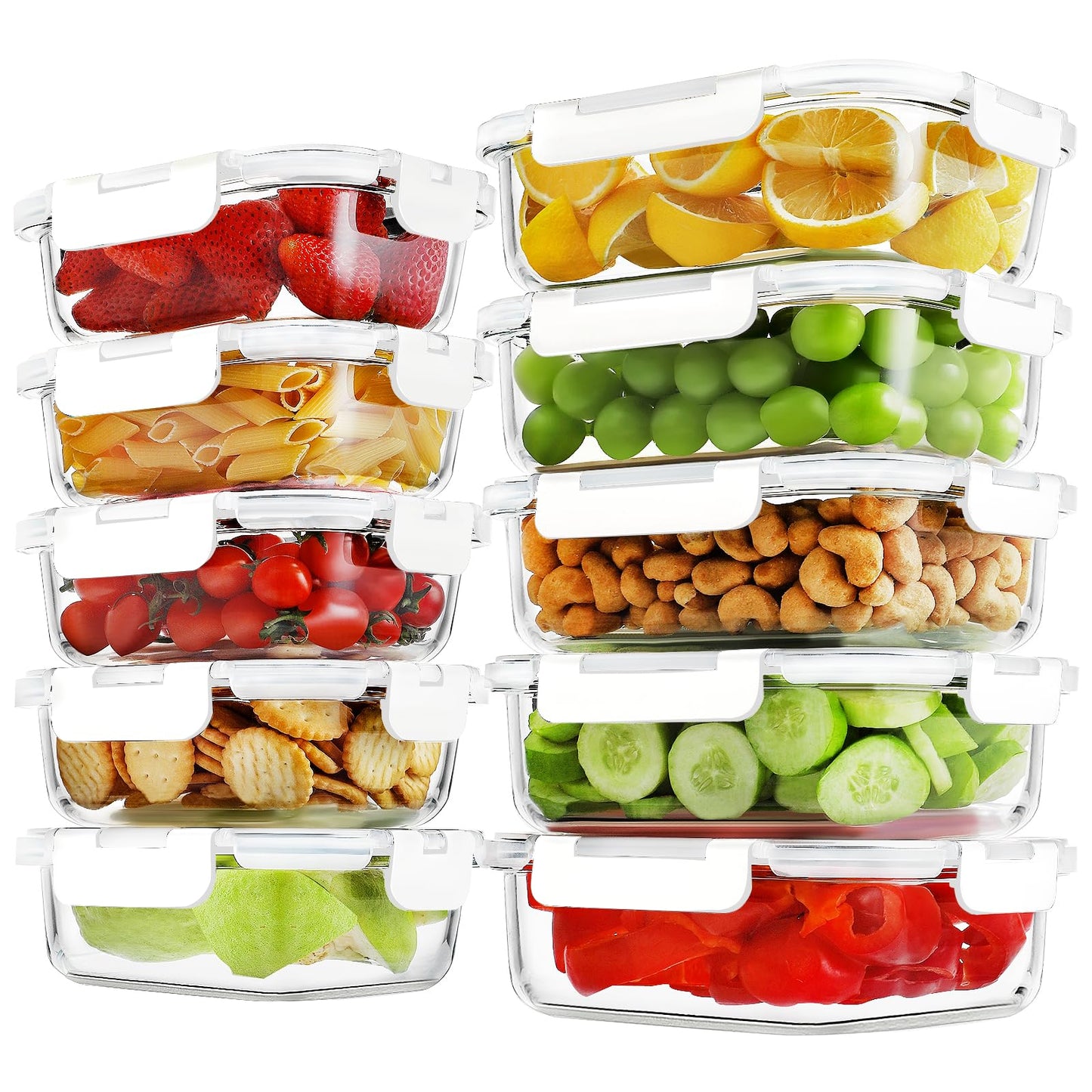 10 Pack Borosilicate Glass Meal Prep Containers with Locking Lids, Glass Food Storage Containers Set, Airtight Lunch Bento Boxes, BPA-Free & Leak Proof, 36oz & 14oz, Freezer, Oven Safe-White
