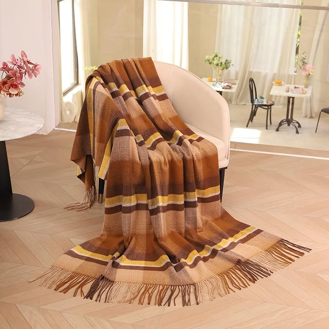 Throw Blanket Plaid with Carry Bag | Soft Wool Travel Blanket 55"x83" 2lbs | Camel Champagne Plaid Decorative Throw for Couch, Camping & Gift