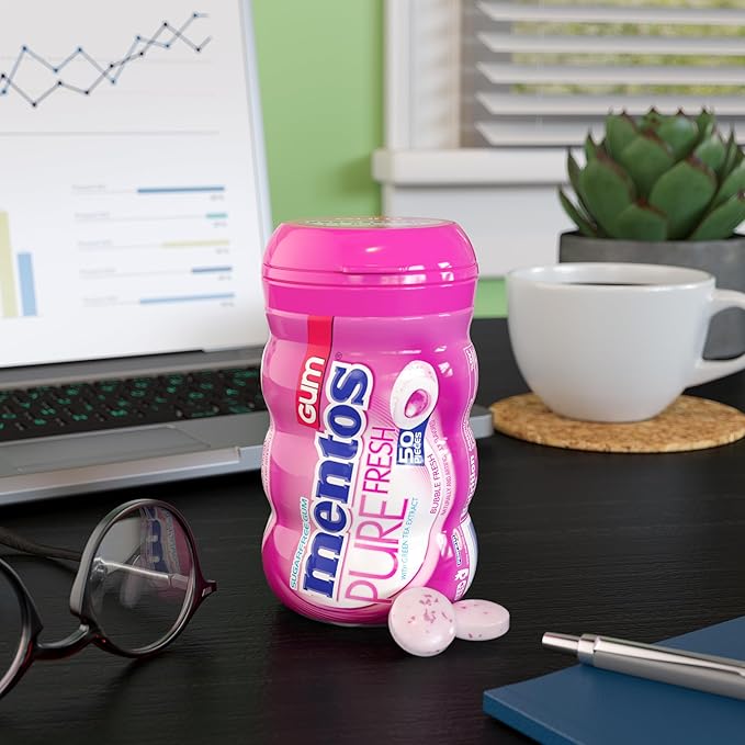 Mentos Pure Fresh Sugar-Free Chewing Gum with Xylitol, Bubble Fresh Flavor, Bubble Gum, 90% Recyclable Curvy Bottle, 50 Pieces per Bottle, 6 Pack
