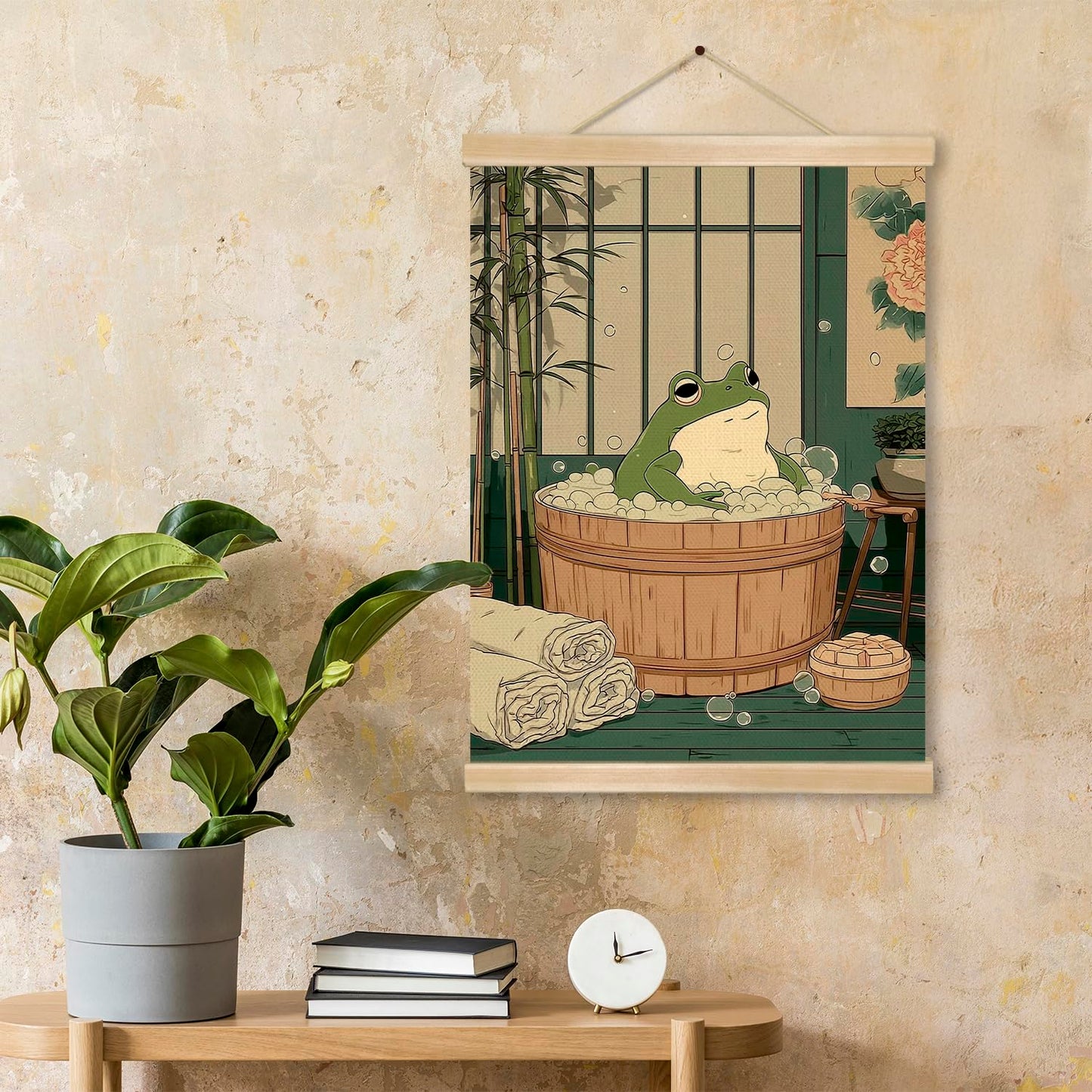Relaxing Frog BathWall Art Decor Poster 18.5x14 Inch, Cute Animal Bathroom Linen Canvas Print, Japanese Style Bathroom Humor Soaking Frog Artwork for Restroom, Spa or Home Wall Decor(Green-Flog)