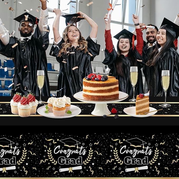 Class of 2026 Black & Gold Graduation Tablecloths, 2 Pack