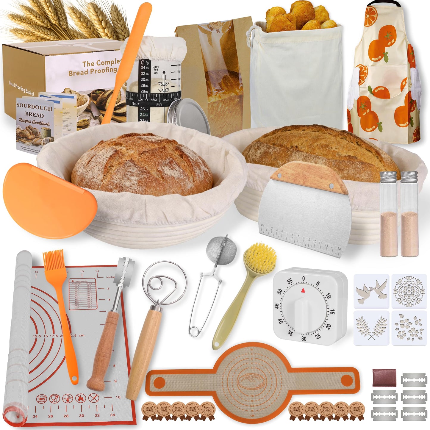 sixiangLC Sourdough Starter Kit, 23-Piece Bread Baking Set with Banneton Proofing Baskets Round & Oval, Starter Jar, Lame, Dough Whisk, Scraper & Sling - Sourdough Baking Supplies Gift for Beginners