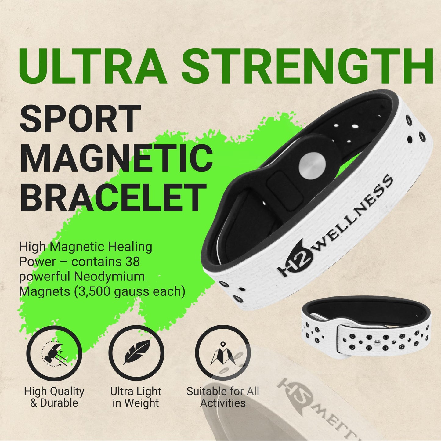 H2WELLNESS Magnetic Therapy Bracelet Super Ultra Strength Waterproof Breathable Comfortable Adjustable Infused with Titanium and Copper Sport Band (Small-White)