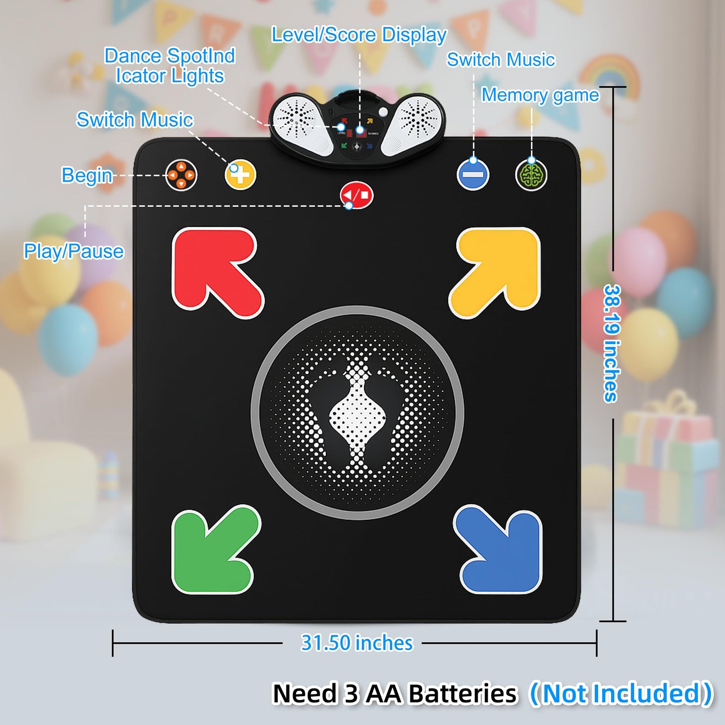 PLAMILOY Dance Mat for Kids - Light-up Electronic Rhythm Step Play Mat, Music Game Pad Toy for Girls Boys 3-12, Challenge Playmat Gift Built-in Songs, MP3 External Play, 5 Levels, Adjustable Volume