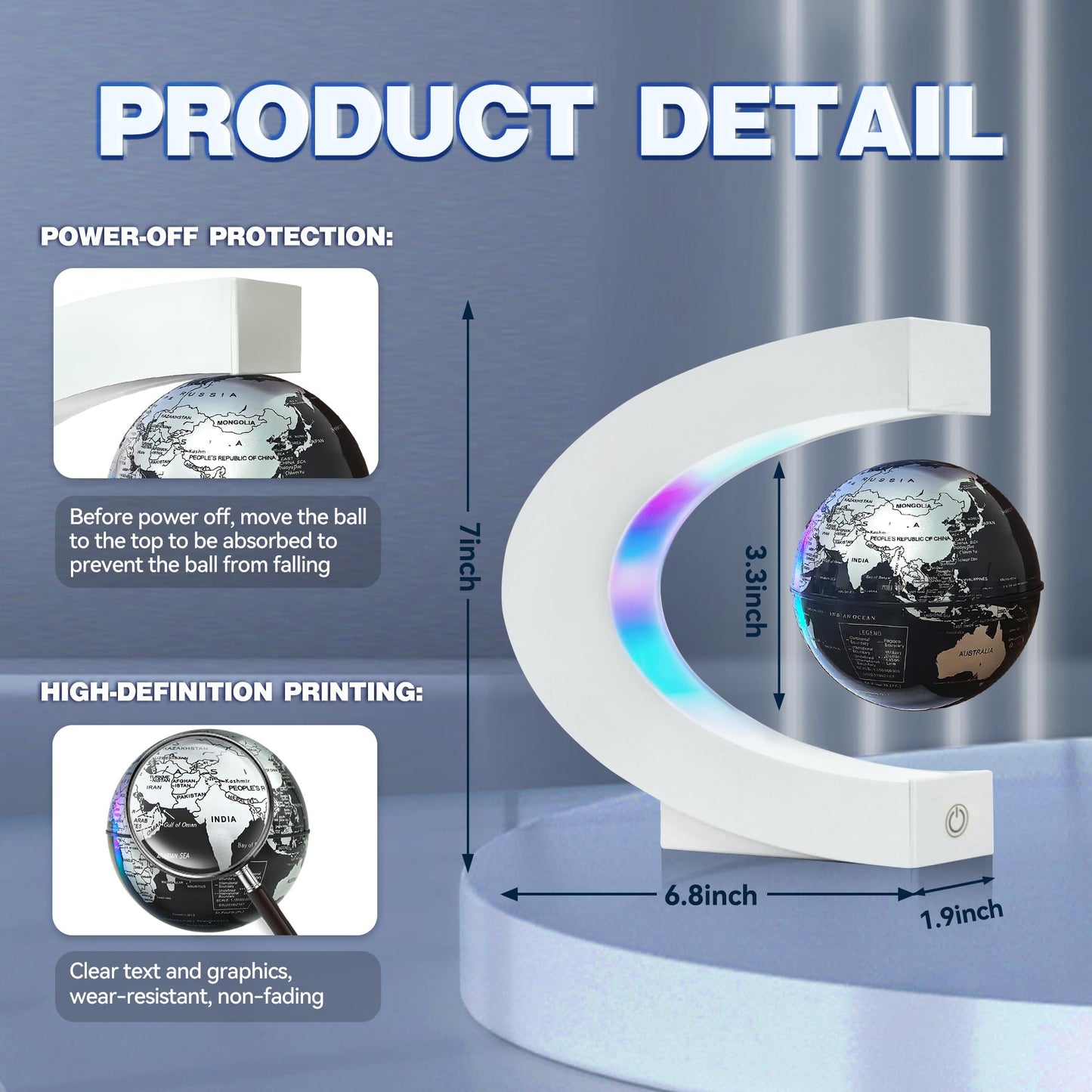 Flagest Magnetic Levitating Globe with LED Light, C Frame Floating World Globe Lamp, Cool Gadgets for Men Boys and Girls, Cool Stuff Tech Gifts for Office Bookshelf Home Desk Decor