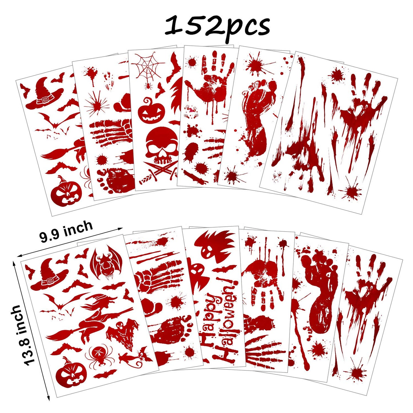 Outus 152 Pcs Halloween Stickers Footprints Window Floor Decal Splats Wall Stickers for Halloween Winter Holiday Party Decorations, 12 Sheets