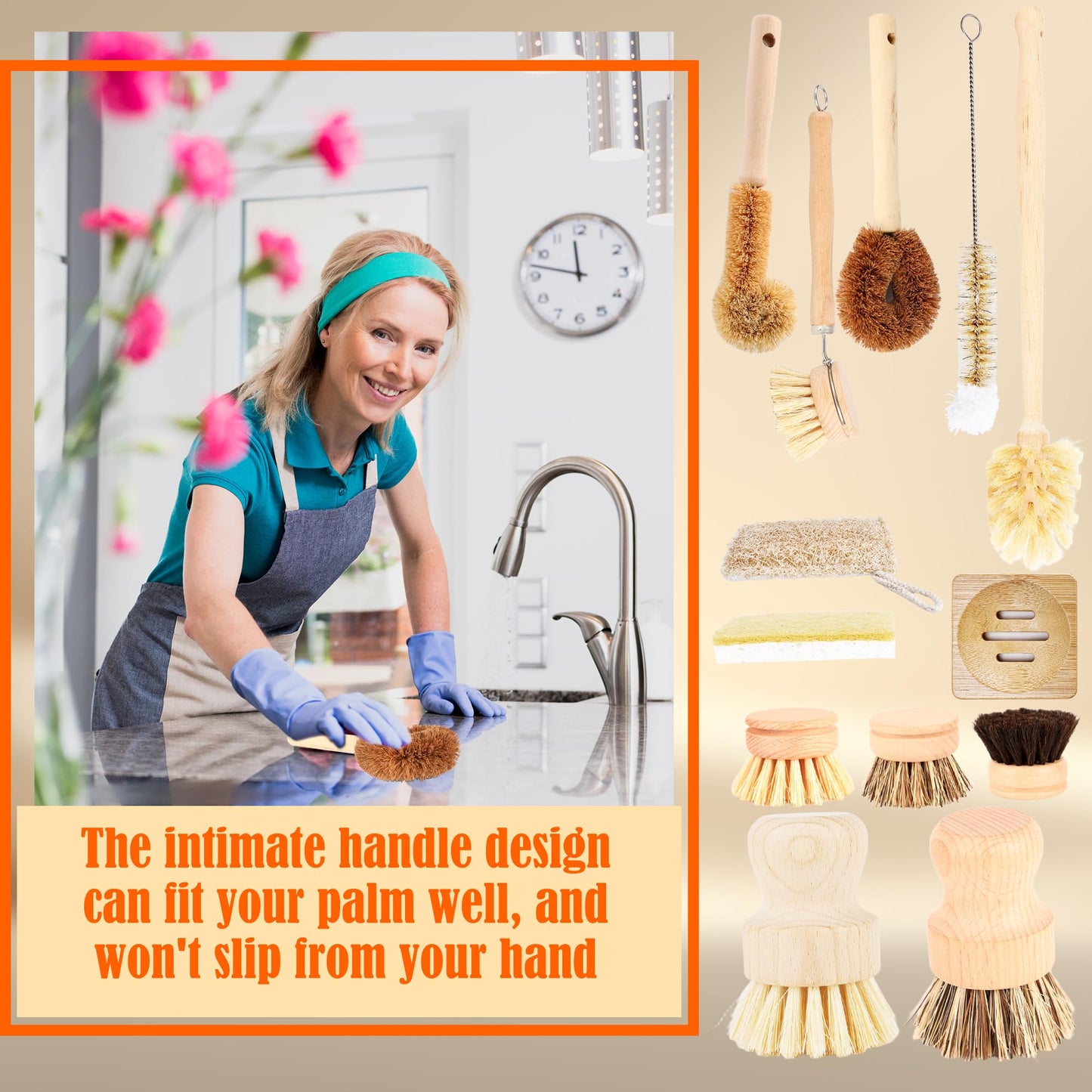 15 Pcs Bamboo Dish Brush Set with 65 Ft Hemp Rope Wooden Palm Pot Brush Sisal Bristles Natural Cup Scrubber Loofah Sponge Draining Tray for Pans, Bottle, Sink Kitchen Cleaning