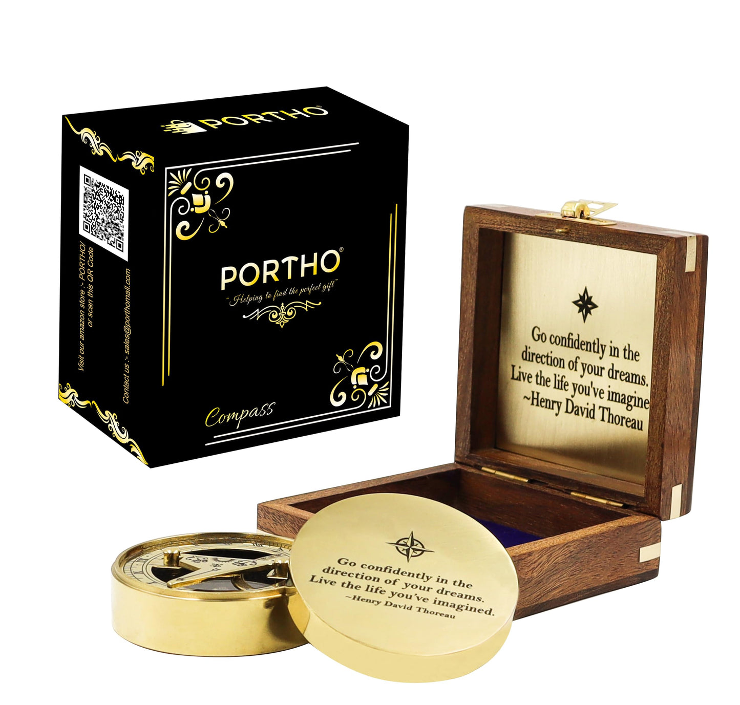 PORTHO Thoreau Go Confidently Sundial Compass with Wooden Box – Personalized Graduation, Baptism, Confirmation & Adventure Gift – Inspirational Keepsake for Life’s Journey