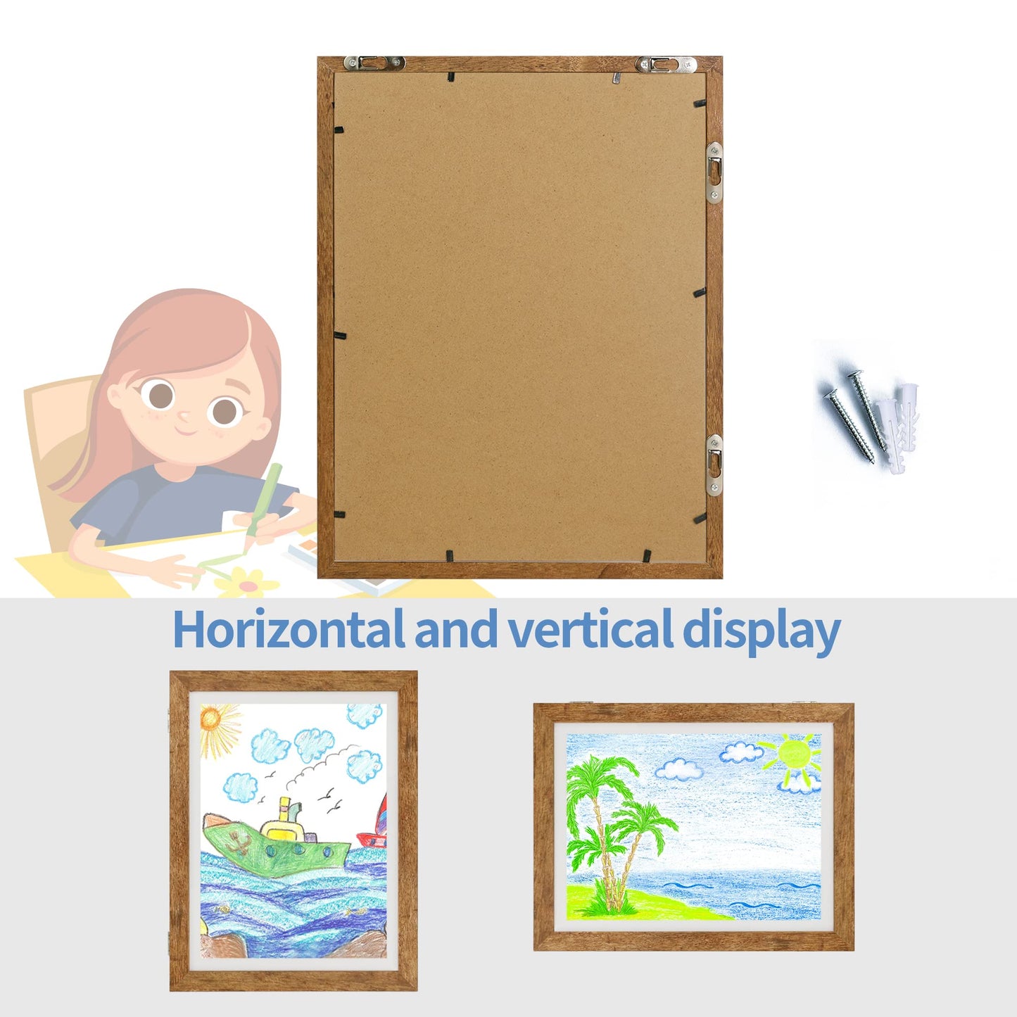Kids Art Frames 8.5x11 - Front Opening Childrens Picture Frame Changeable, Wood Artwork Display Storage for Wall Mount, Magnetic Door Holds 50 Art Pieces for Drawings, 3D Picture, Crafts, Portfolio, Brown