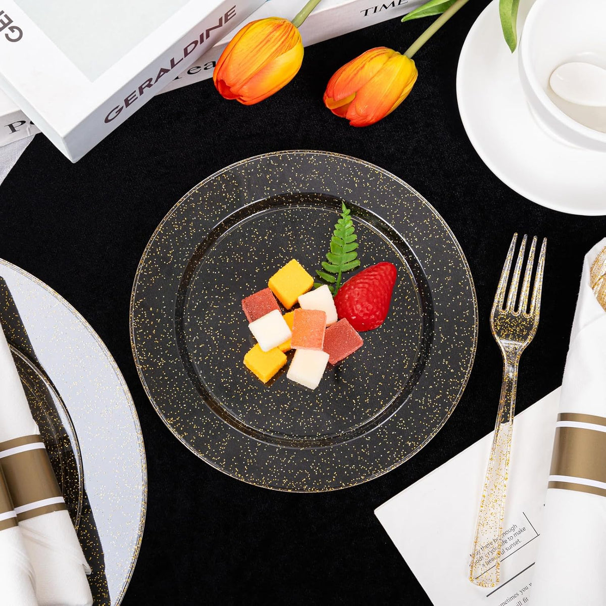 DaYammi 210PCS Gold Glitter Plastic Dinnerware Set for 30 Guests, Fancy Disposable Plates for Party, Include: 30 Dinner Plates, 30 Dessert Plates, 30 Pre Rolled Napkins with Gold Silverware, 30 Cups