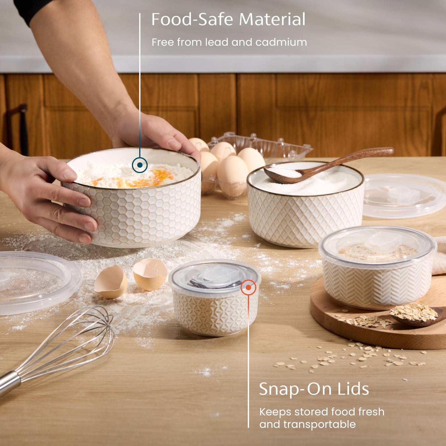KooK Serving Bowls, with Lids, Ceramic Nesting Bowls, Set of 4, Embossed, Kitchen, Prep, Stackable, Gift, Microwave and Dishwasher Safe, 10/16/29/47 oz, Narbonne Collection (Ivory)