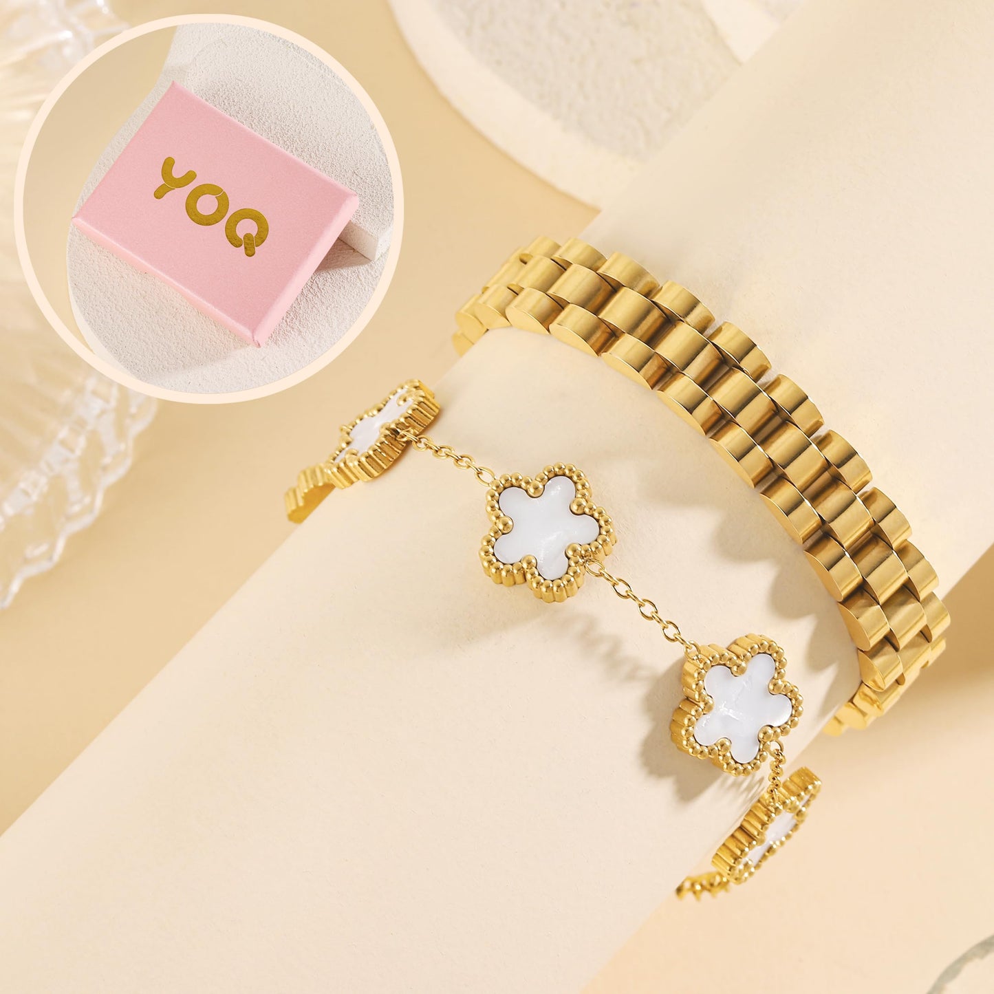 YOQ Stackable Four Leaf Clover Bracelets for Women, 18K Gold Plated Love Bangle Bracelets Set, 2 Pcs Charm Jewelry Gifts (White 2Pcs-W)