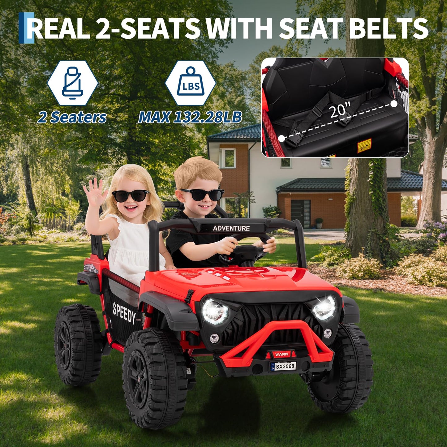 Garvee 24V Ride on Toys for Big Kids with Remote Control - 4WD Electric Car, 2 Seater UTV, Spring Suspension, Front & Behind LED Lights, Dual Storage, 3 Speeds, Bluetooth Music, Parent Safety Brake,