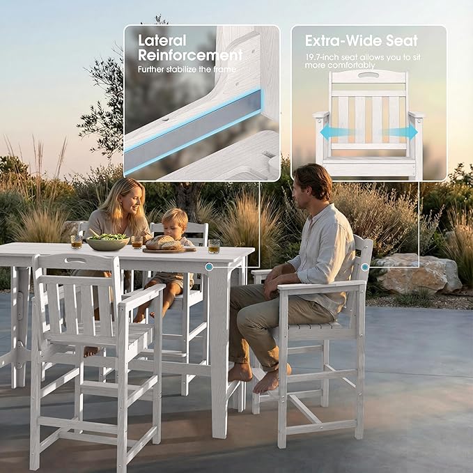Ciokea Outdoor Bar Height Table Set of 5, 60" Extra Long Rectangle High Top Table and 4 Oversized Adirondack Chairs Set, Heavy-Duty All-Weather HDPE Patio Bar Set for Backyard Balcony Deck, White