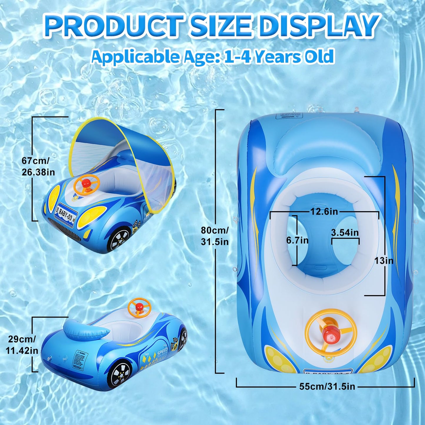 Baby Floaties for Infants with Canopy: Qoosea Baby Pool Float with UPF50+ Sun Protection & Toy Play Steering Wheel Baby Swimming Float with Patch Kit for Babies Baby Float for 18-48 Month