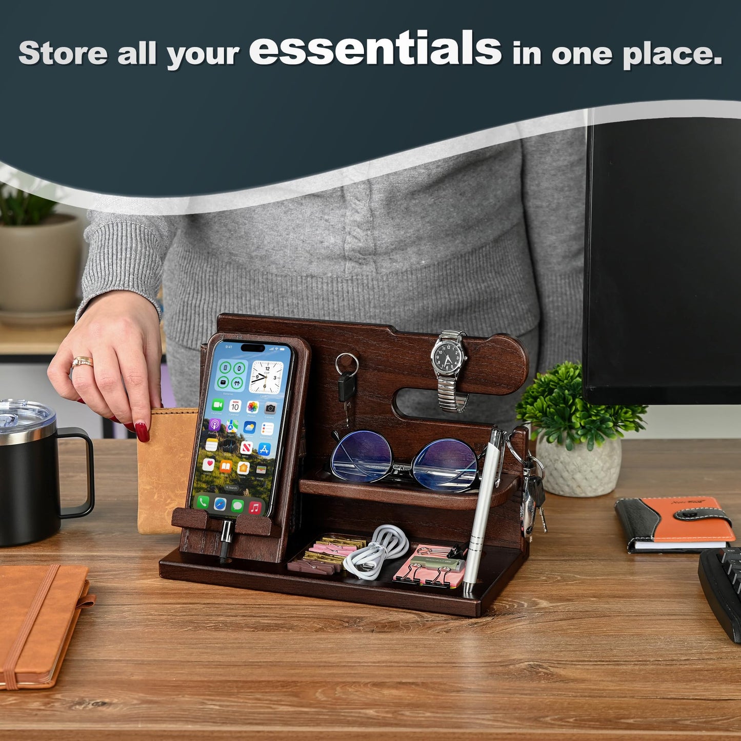 TESLYAR Wood Phone Docking Station for Men - Desk or Nightstand Organizer - Birthday Gifts for Husband, Dad - Anniversary Idea from Wife - Key Holder, Stand Wallet, Watch, Essentials (Chocolate Brown)