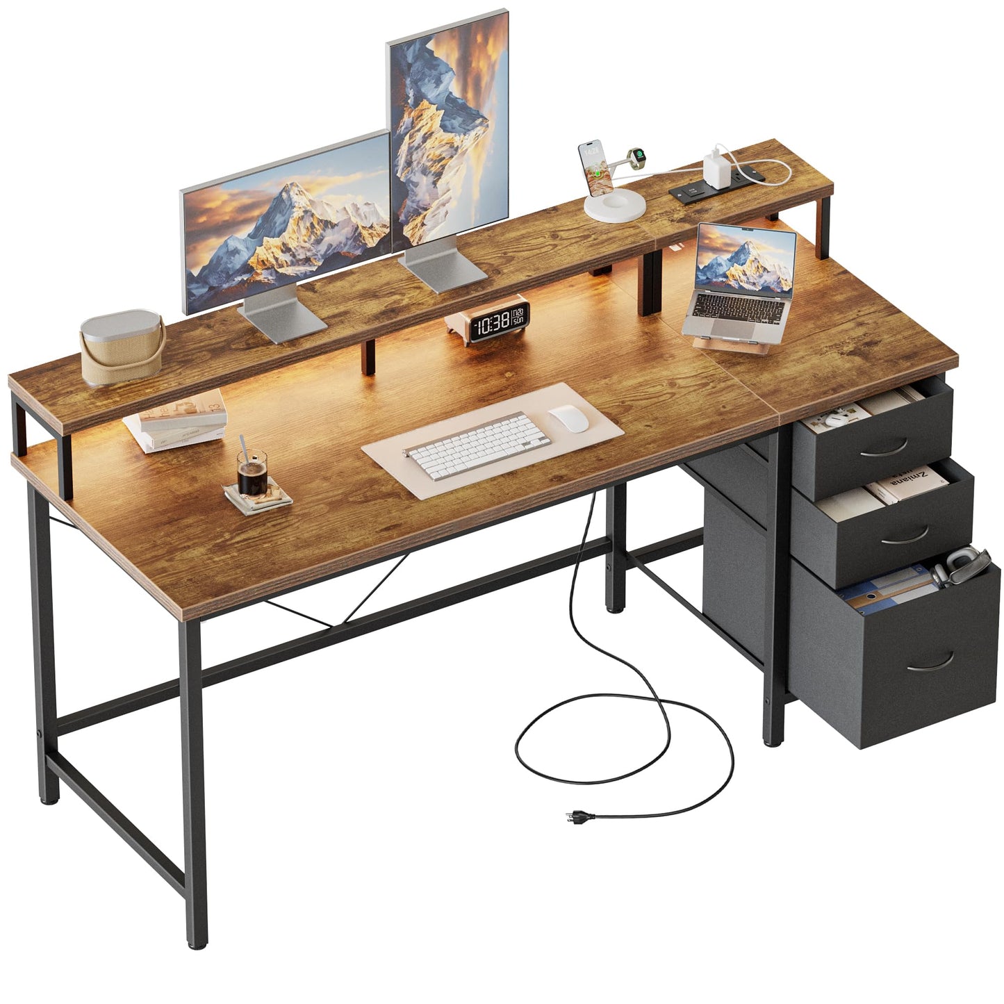 Mericonia Computer Desk 55 inch with Power Outlets & LED Lights, Gaming Desk with 3 Drawers for Home Office, Small Desk with Monitor Stand for Small Spaces, Study Writing Desk