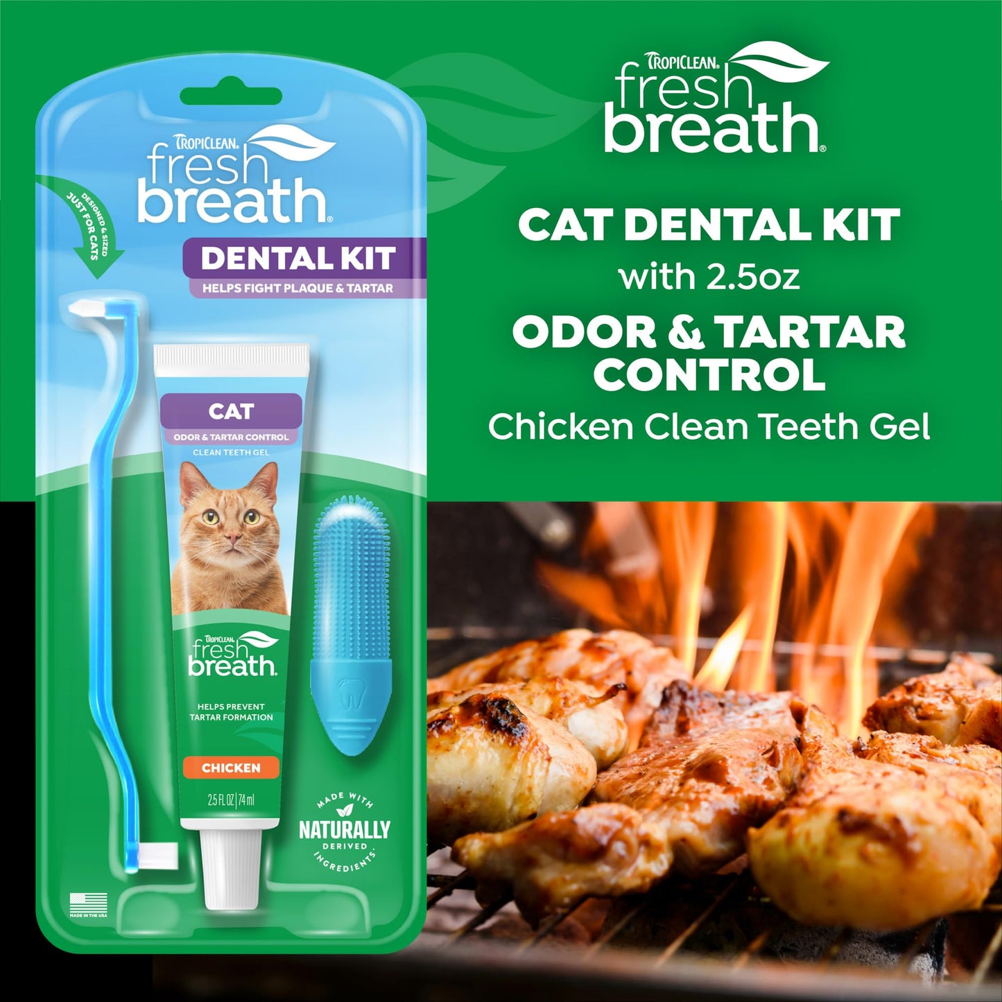 TropiClean Fresh Breath Cat Toothbrush and Toothpaste Kit, Cat Teeth Cleaning & Breath Freshener Solution, Complete Dental Care