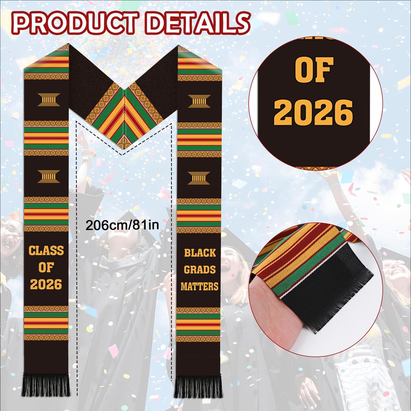 Silkovahamd Black Kente Graduation Stole - Black Grad Matters Class of 2026 Honor Cord Sash for College High School Graduates Academic Ceremony Accessory Gifts