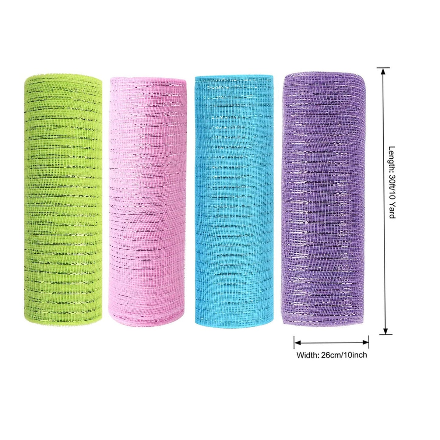 JStnana 4 Rolls Deco Mesh Ribbon for Spring Easter Wreath Making Supplies, 10Inch x 30Ft Metallic Burlap Mesh Pink Green Blue Purple Deco Mesh Rolls for Easter Spring DIY Crafts Wreaths Swags Decor