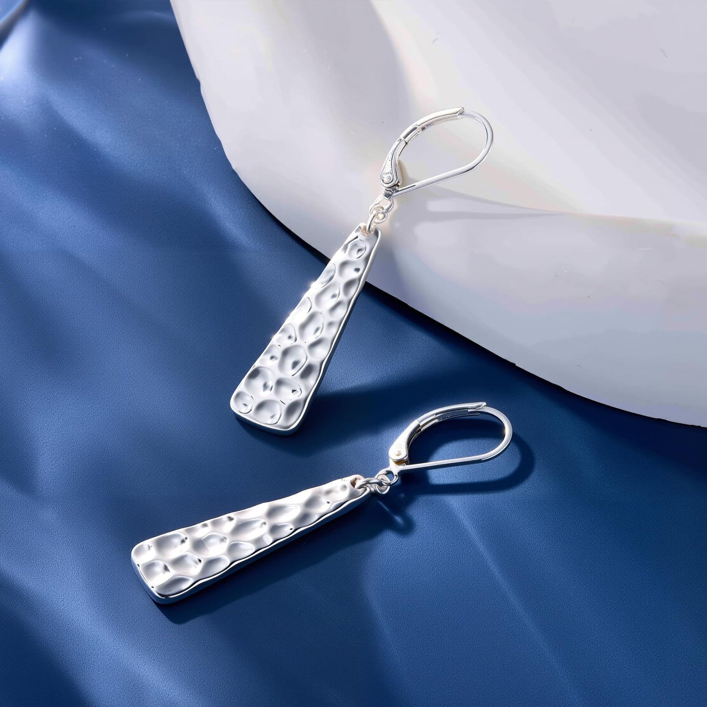 Sterling Silver Leverback Earrings, ALEXCRAFT Long Bar Hammered Dangle Earrings for Women Trendy Hypoallergenic 925 Sterling Silver Lightweight Statement Boho Dangling Drop Leverback Teardrop Earring