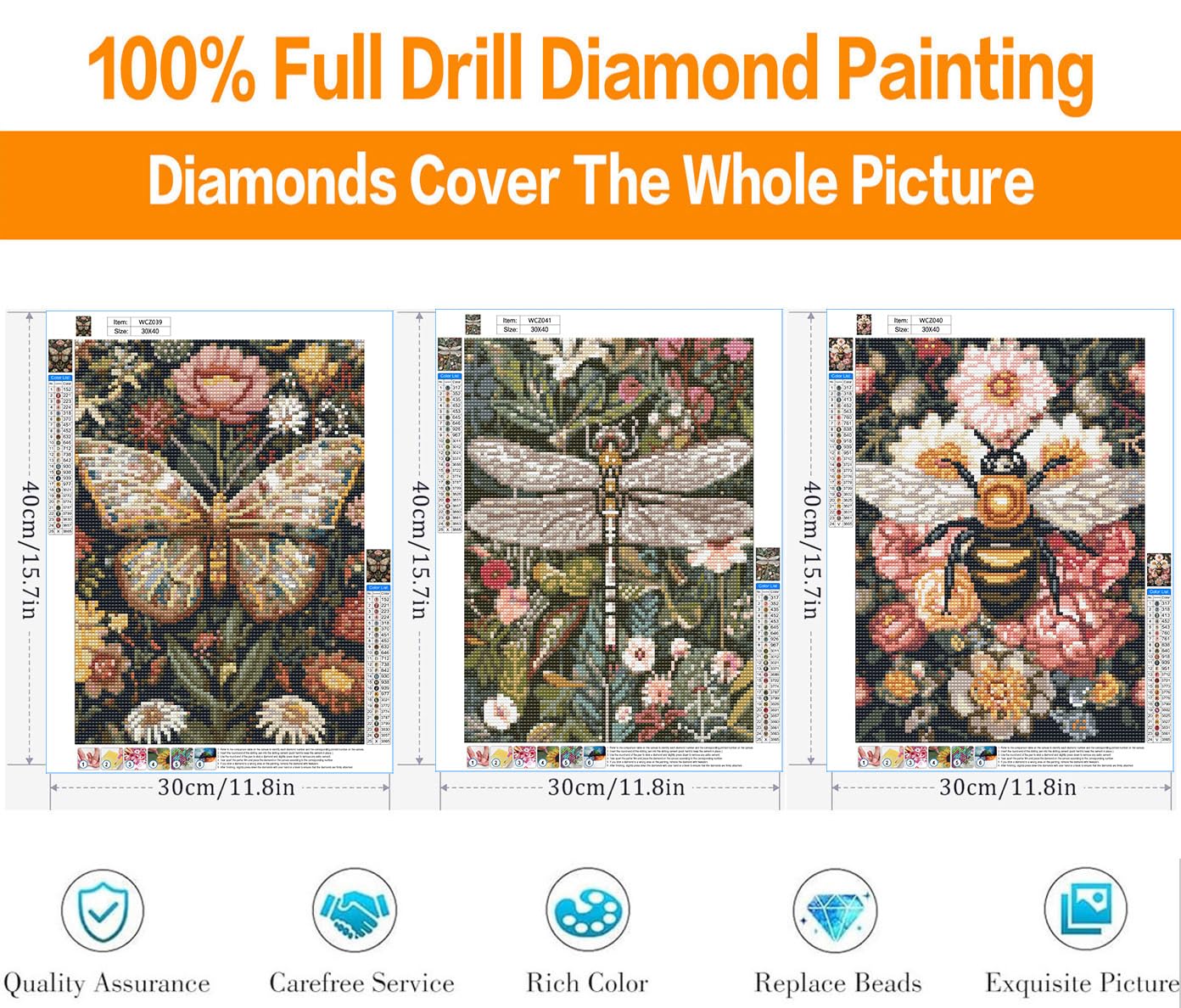 3 Pack Diamond Art Kits for Adults, Bee Diamond Painting Kits for Adults, 5D DIY Round Drill Gem Art Paint with Diamonds Dots Crafts Kits for Home Decor Gift 12x16inch (Bee Butterfly and Dragonfly)