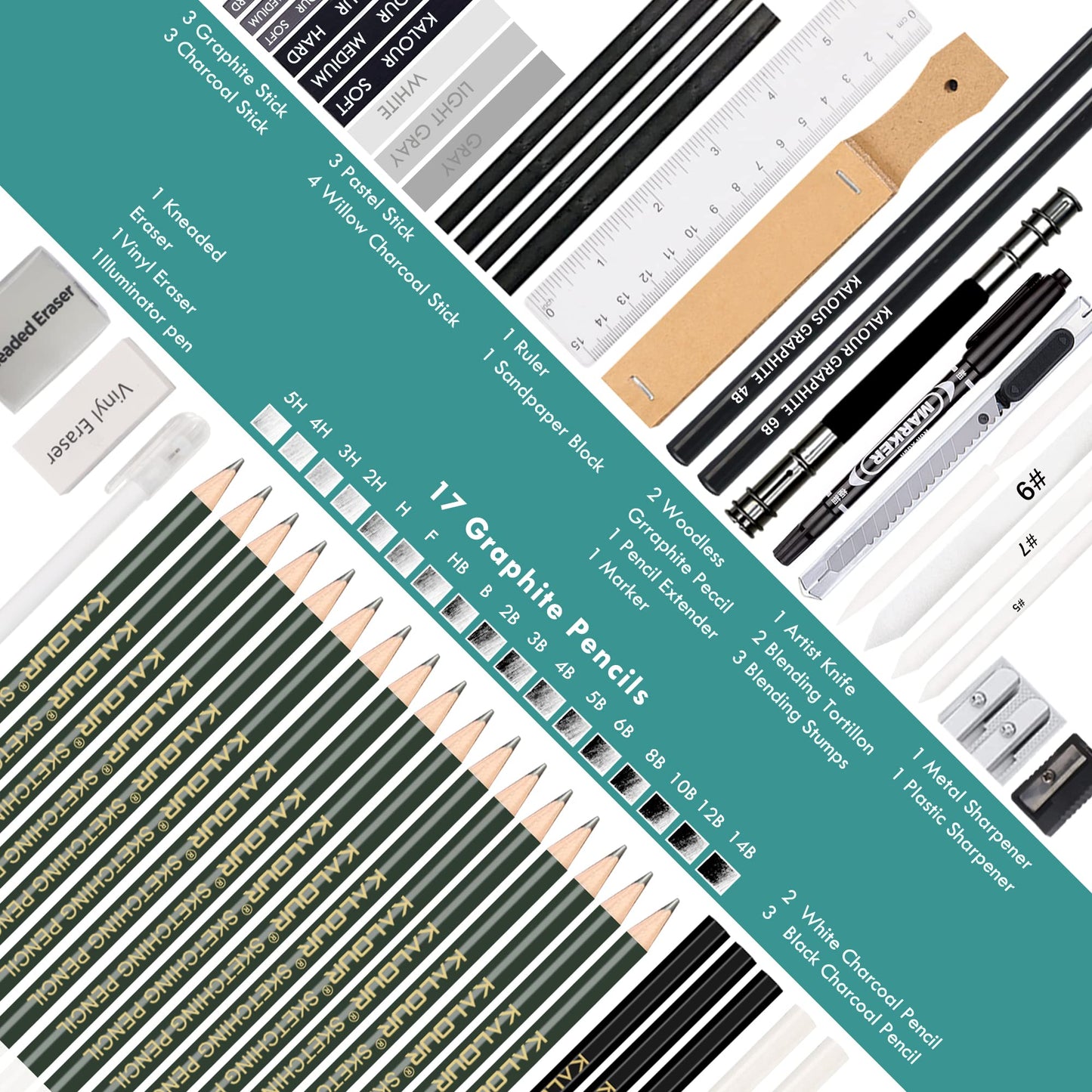 KALOUR 54-Pack Sketch Drawing Pencils Kit with Sketchbook,Include Graphite,Charcoal Pencils and Artists Tools,Pro Art Drawing Supplies for Adults Beginners,ideal for Sketching Shading