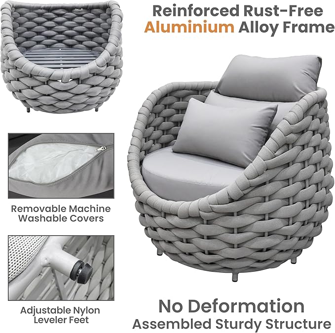 Aluminum Outdoor Patio Couch Set: 5 Pieces Woven Rope Porch Furniture Sofa Set - Metal Modern Deck Conversation Set - All Weather Assembled Courtyard Seating for Backyard Pool Hotel Resort, Grey