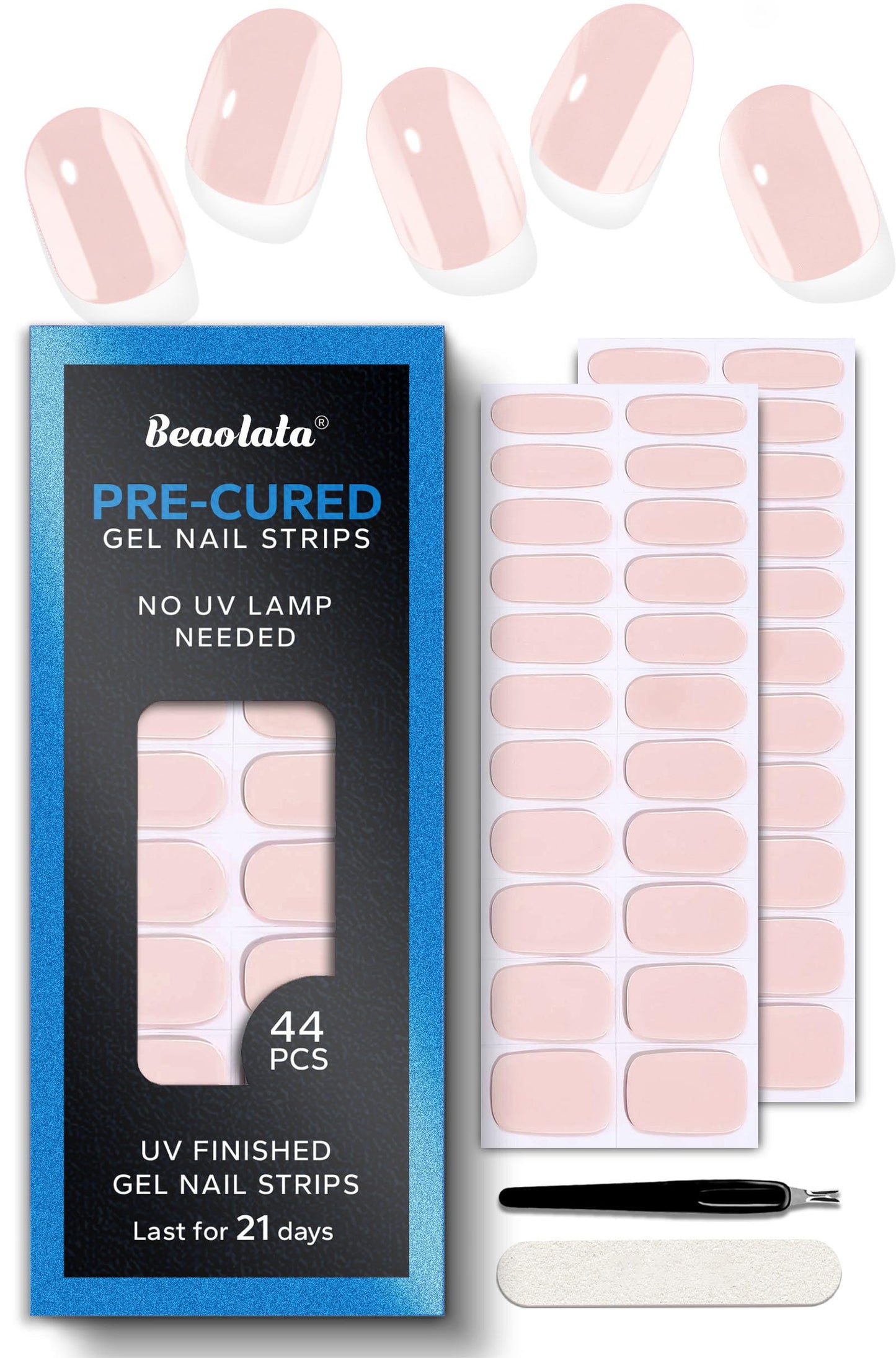 Beaolata Real Gel Nail Strips (No UV Light Needed) - 44Pcs Salon Quality Nail Stickers - Long Lasting Polish Wraps for Women, Easy Apply & Remove (Baby Blossom Pink)