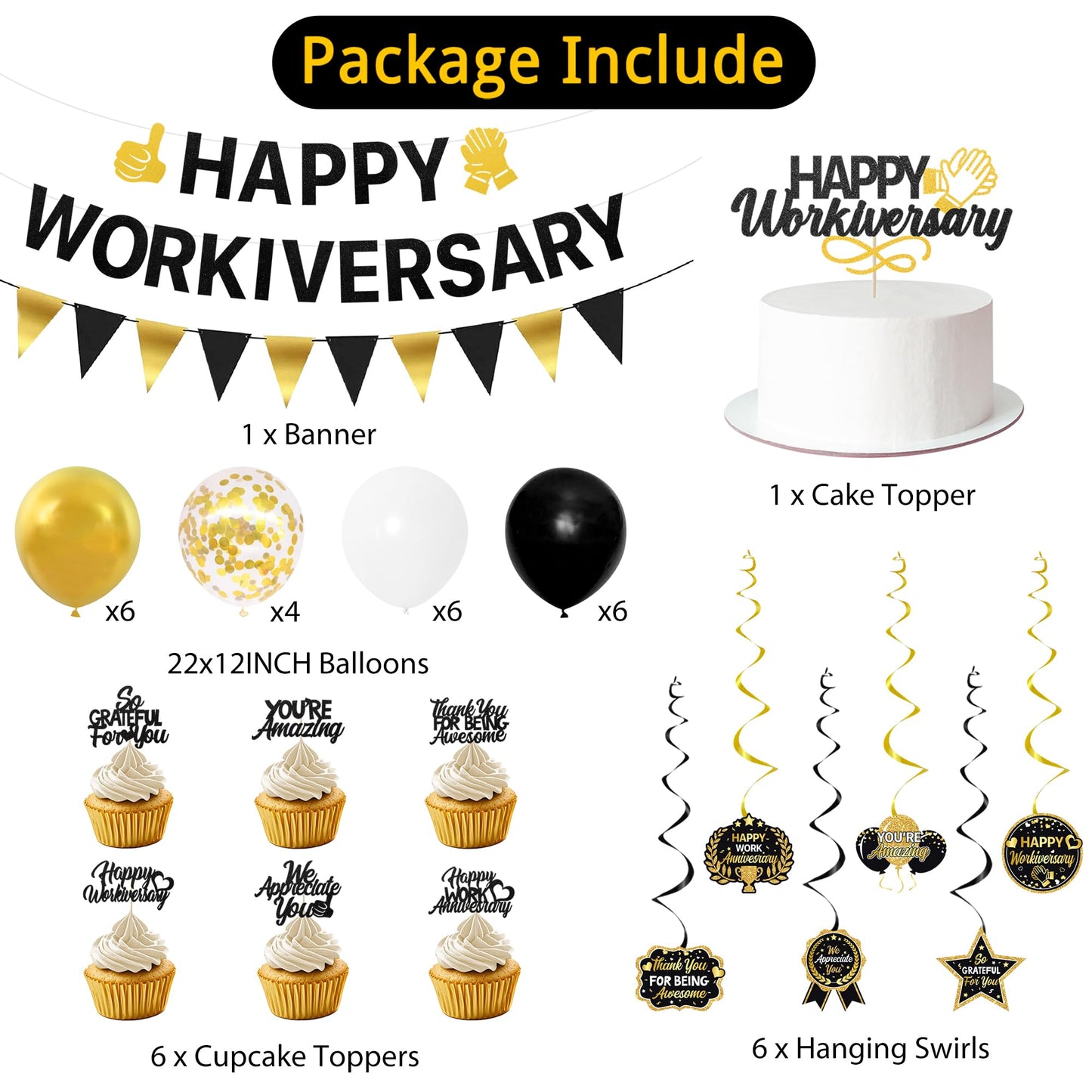 Roetyce Work Anniversary Party Decorations, Black Gold Happy Workiversary Banner Cake Topper Balloons Hanging Swirls, Work Anniversary Backdrop Background for Employee Coworker Office Party Supplies