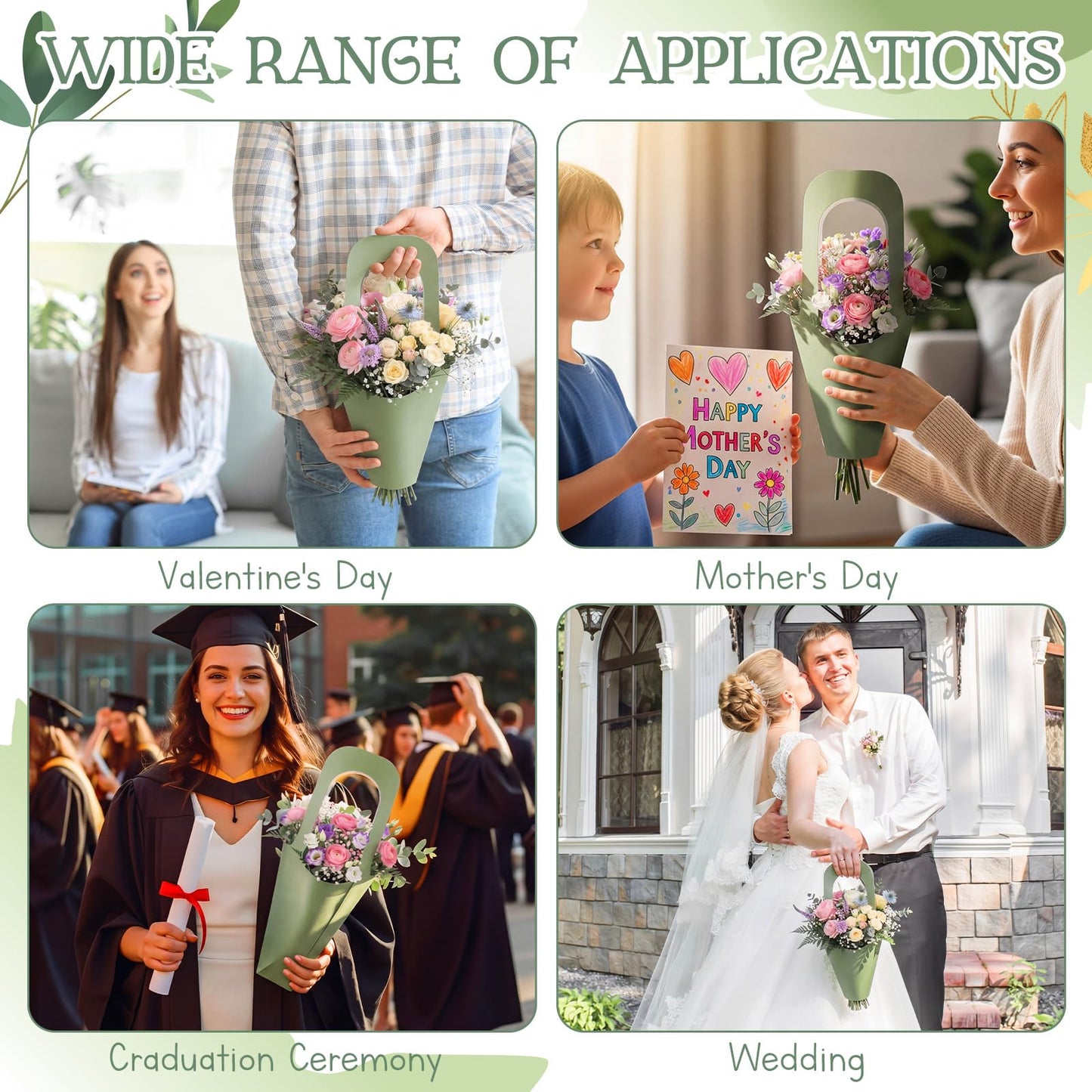 Kolldenn 60 Pack Sage Green Kraft Paper Flower Bouquet Wrapping Paper Gift Bags with Handle Flower Gift Bags for Graduation, Wedding, Birthday, Thanksgiving, Party Favors