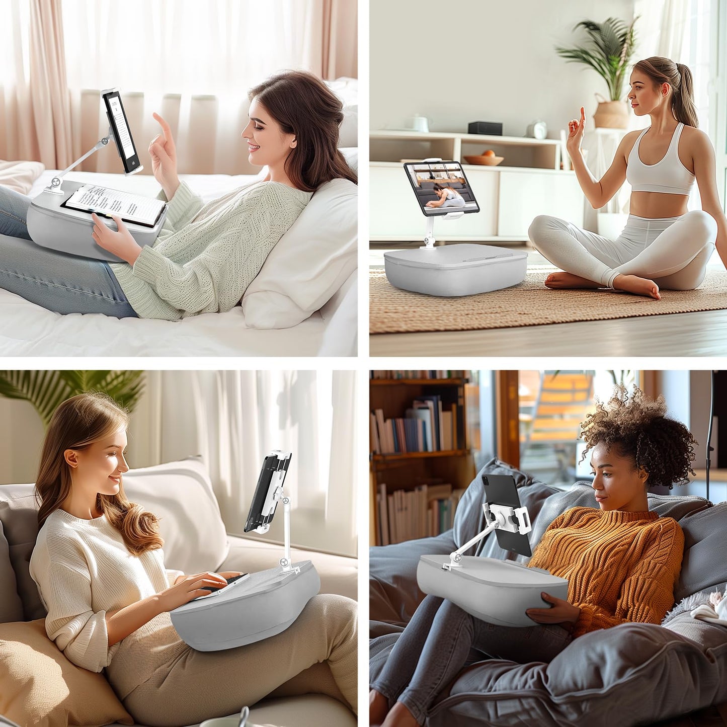 ERGONOV Lap Beanbag Cozy Pillow Stand for Bed with Adjustable Arm, 360° Tablet Holder, Fits 4.7"-13" Kindle, iPad, Phone, Laptop, Lap Desk for Hands Free Reading in Bed, Couch, Sofa(Light Gary)