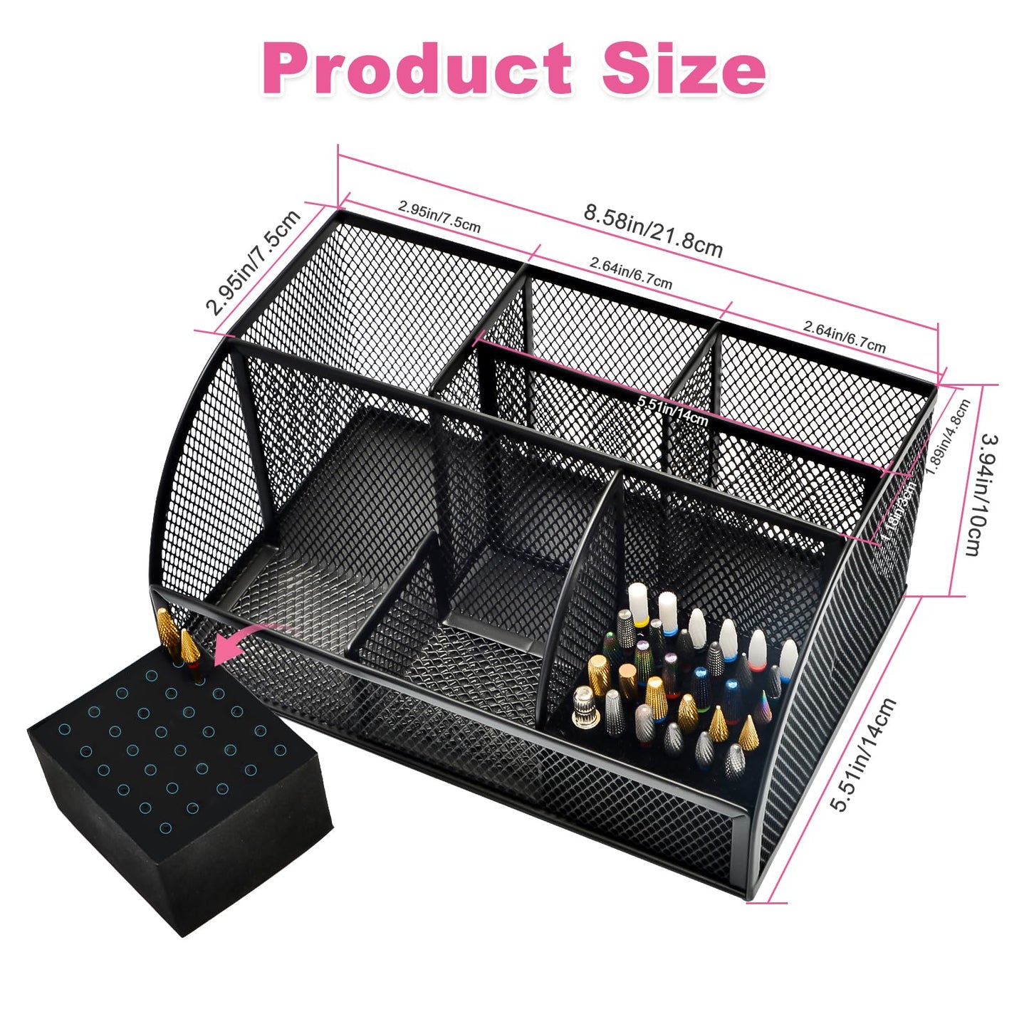 CGBE Nail Drill Bits Holder: 60 Holes Professional Drill Bit Holder for Nails - Mesh Metal Nail Tools Organizer Display Case - Nail Desk Organizer for Nail Tech - Black (Not Included Nail Drill)
