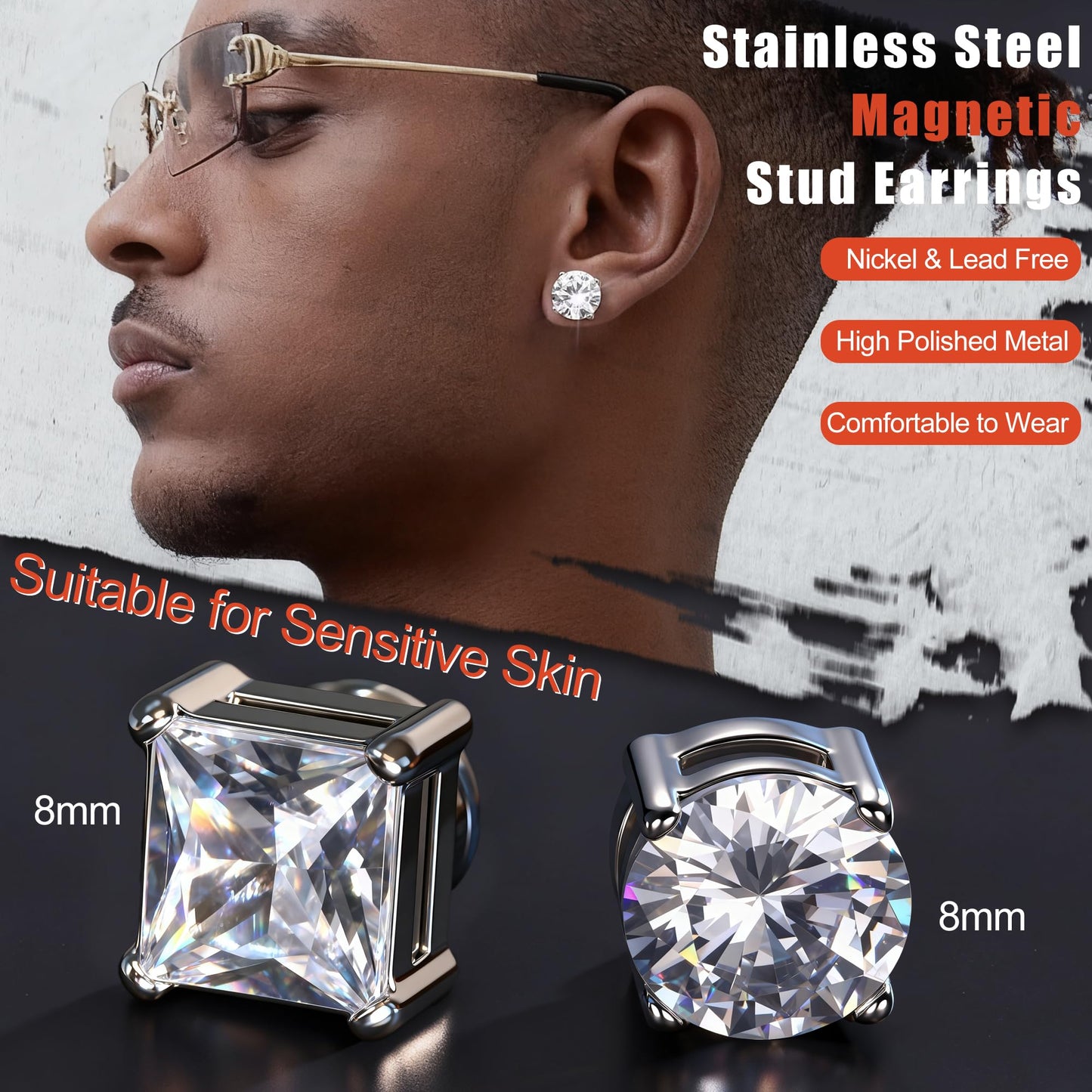 Jstyle 2 Pairs Stainless Steel Magnetic Stud Earrings for Men Women Non-piercing CZ Hypoallergenic 5-8MM