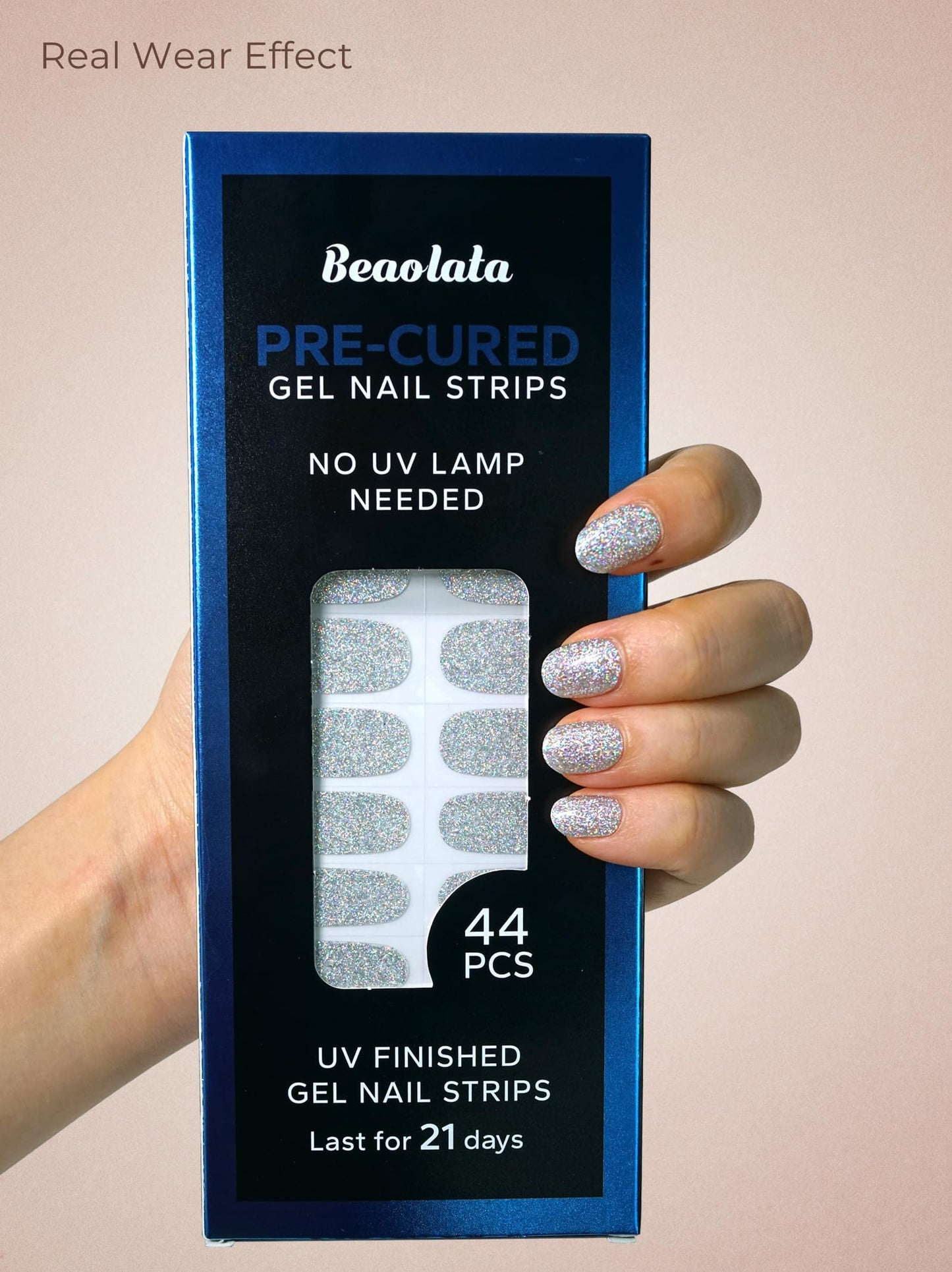 Beaolata Real Gel Nail Strips (No UV Light Needed) - 44Pcs Salon Quality Nail Stickers - Long Lasting Polish Wraps for Women, Easy Apply & Remove (Ethereal Silver)