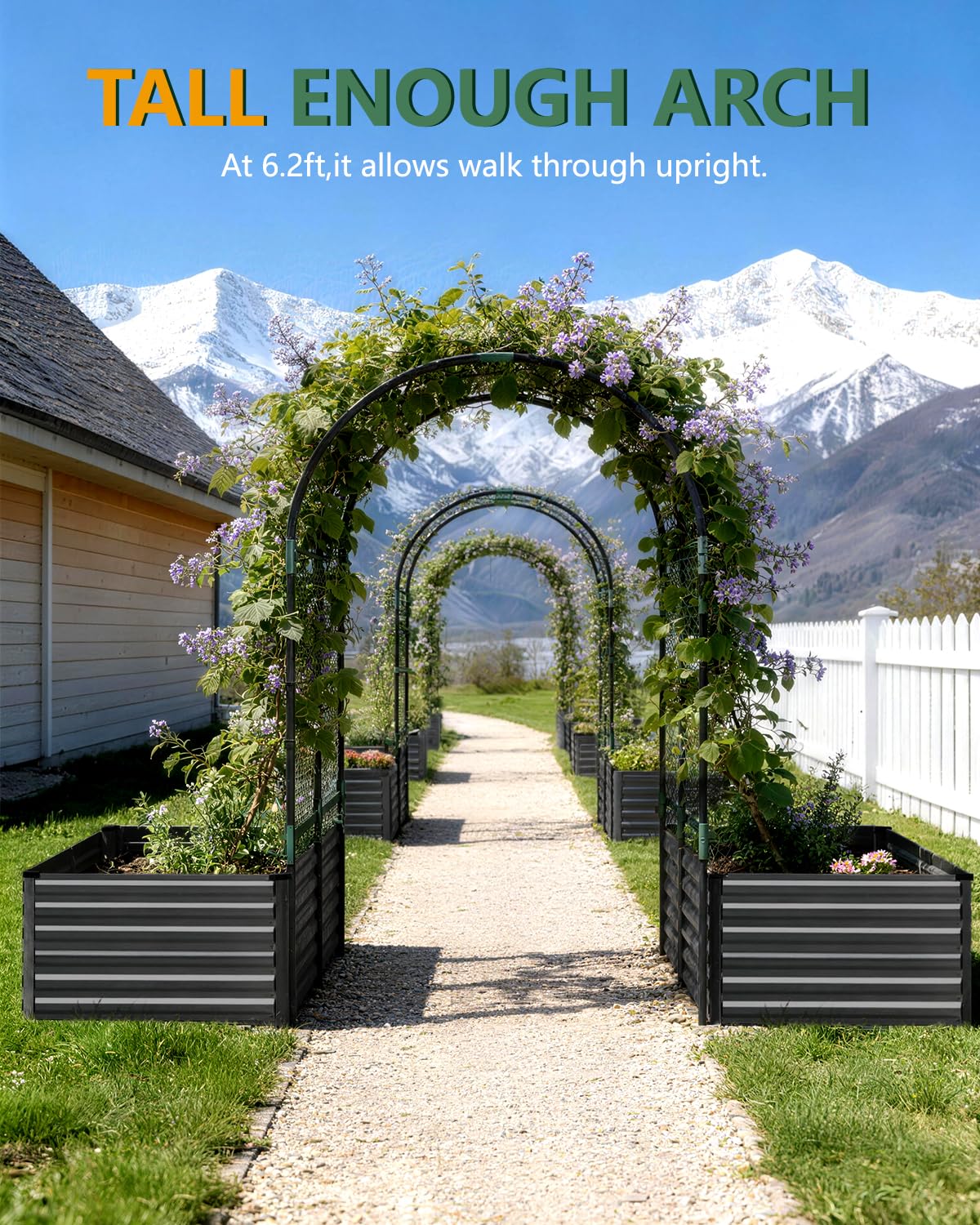 Raised Garden Bed with Arch Trellis for Climbing Plants,Galvanized Raised Garden Bed,Planter Boxes Outdoor for Vegetables Flowers Herb,269 Gallon Capacity Black