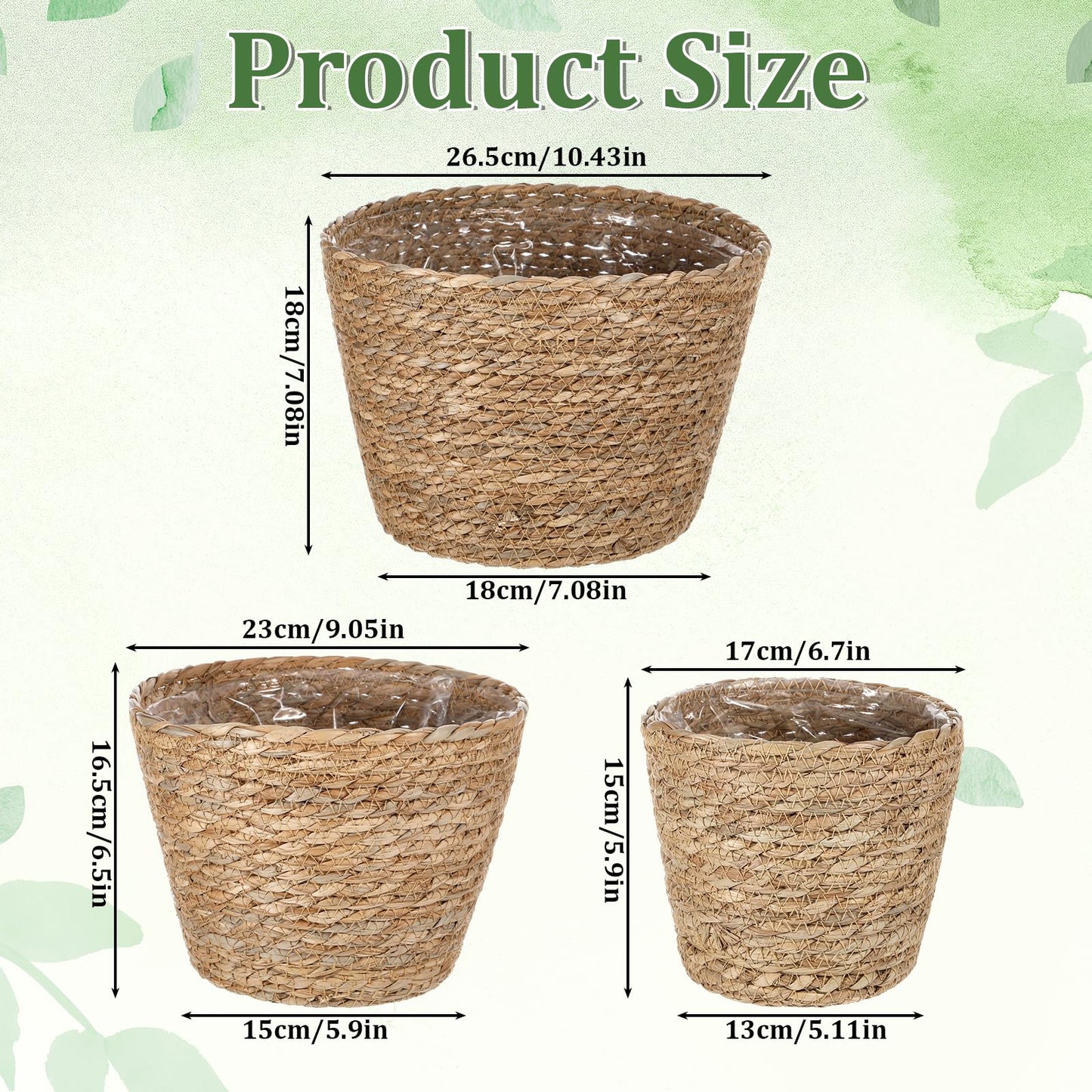 simarro 3 Pack Seagrass Planter Basket, 3 Sizes Stylish Plant Containers Flower Pots with Plastic Lining Woven Baskets for Plants Indoor and Outdoor