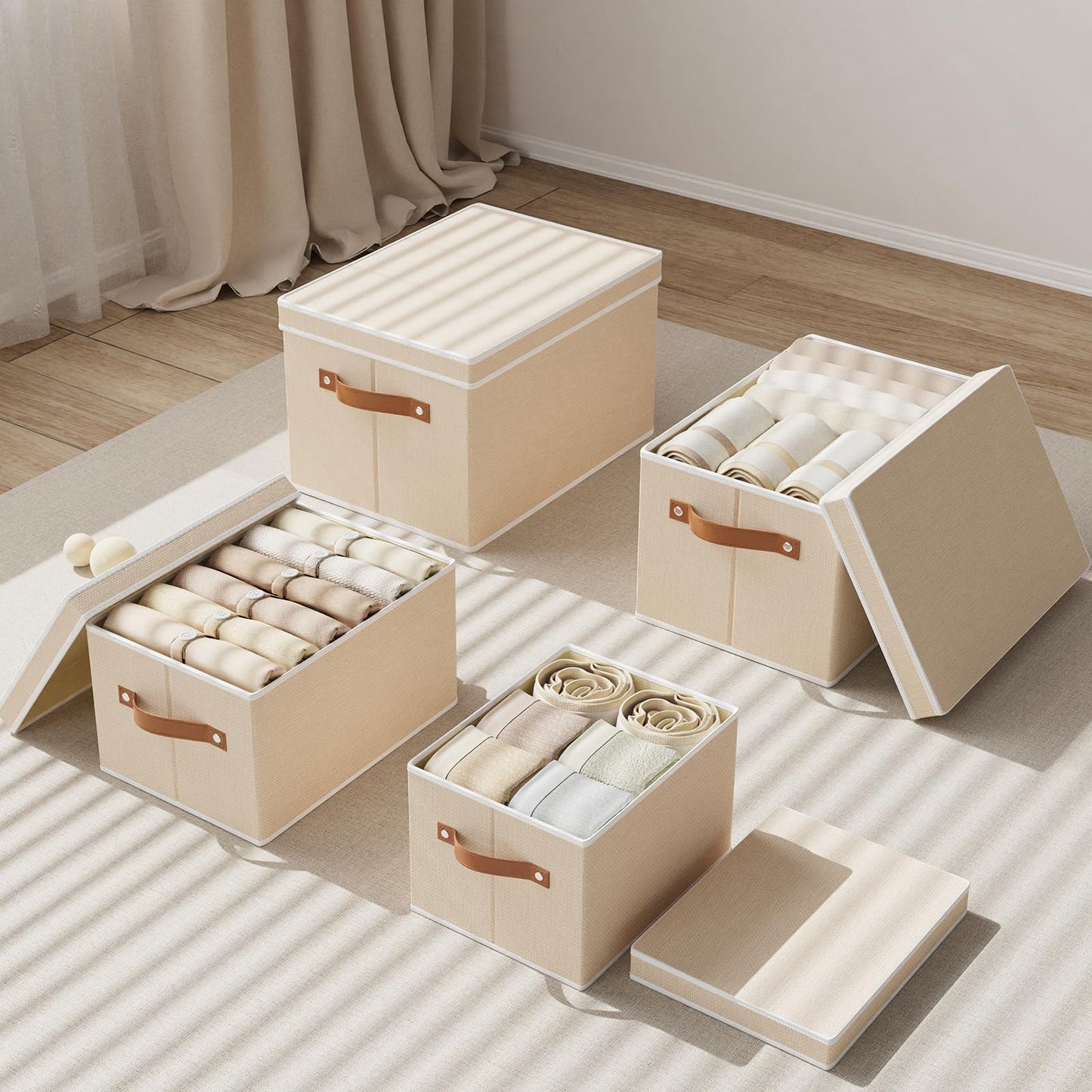 YheenLf Storage Boxes with Lids, 10.2×7.8×6.7 Inch Storage Baskets, Closet Organizers for Shelves Organizing with Handles, Beige, 5-Pack